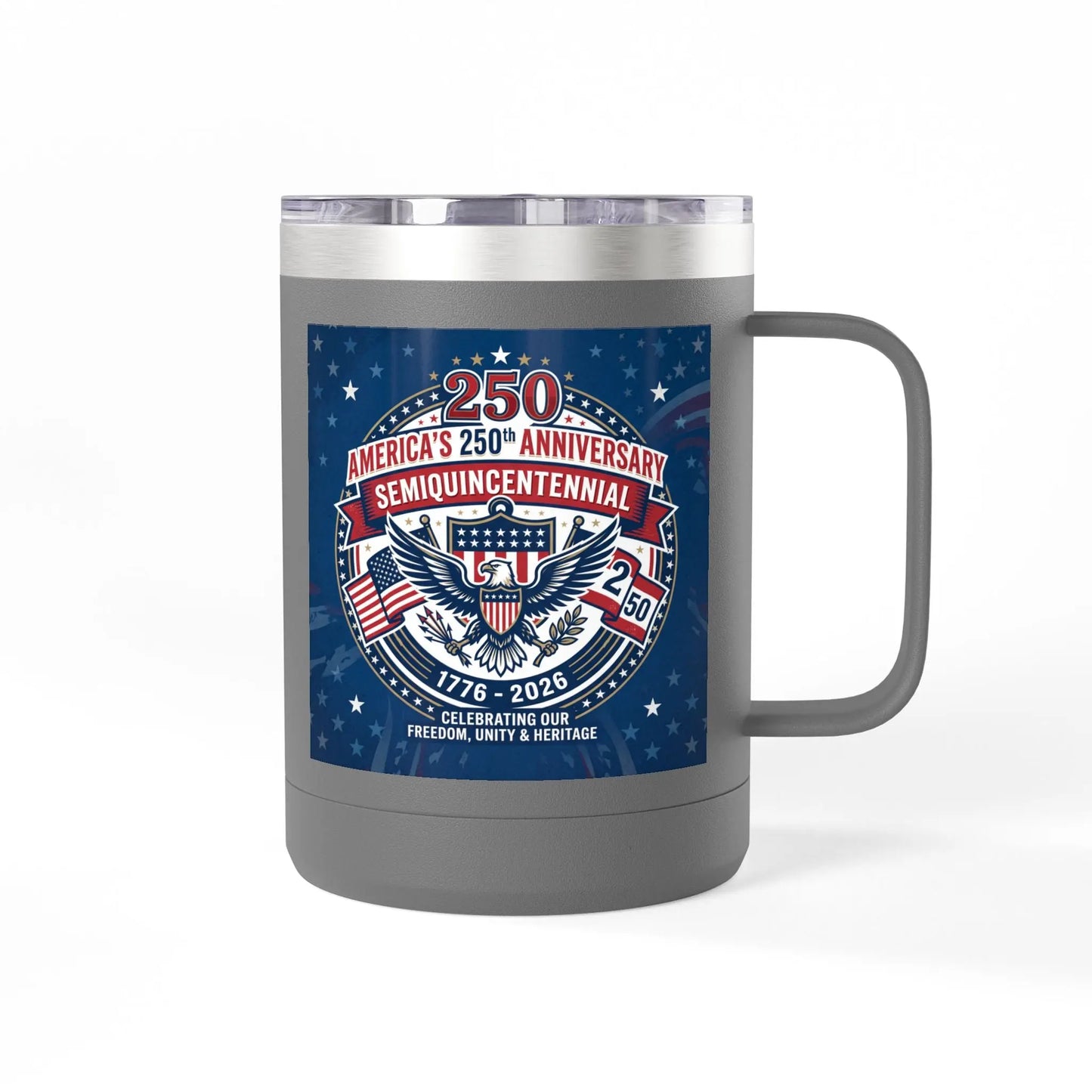 Gray mug with America's 250th Anniversary Semi-Quincentennial logo.