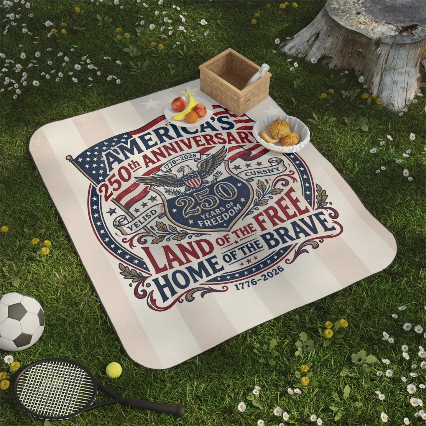 Picnic blanket with America's 250th Anniversary design, including an eagle and patriotic text.