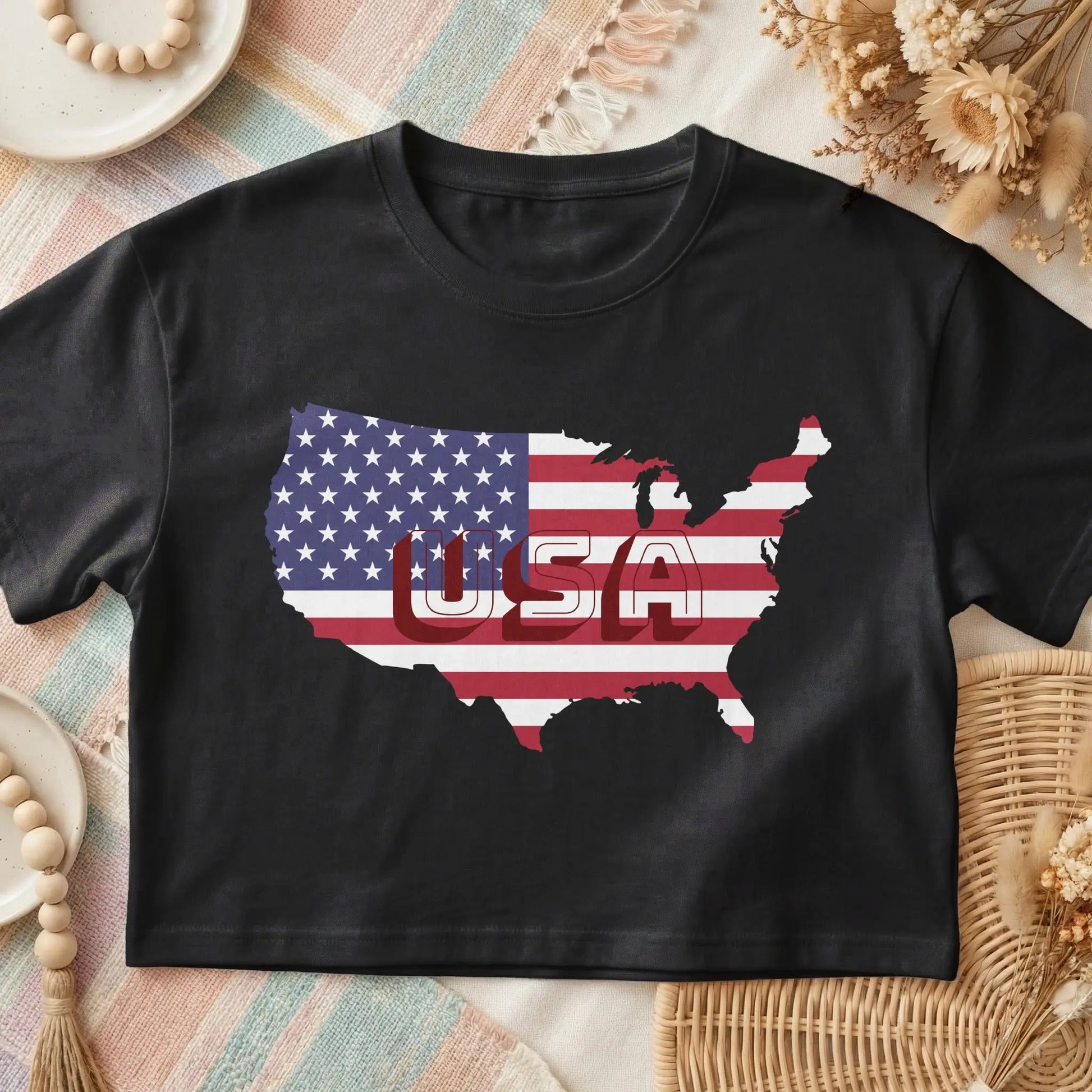 Black t-shirt with USA map and flag design, and "USA" text.