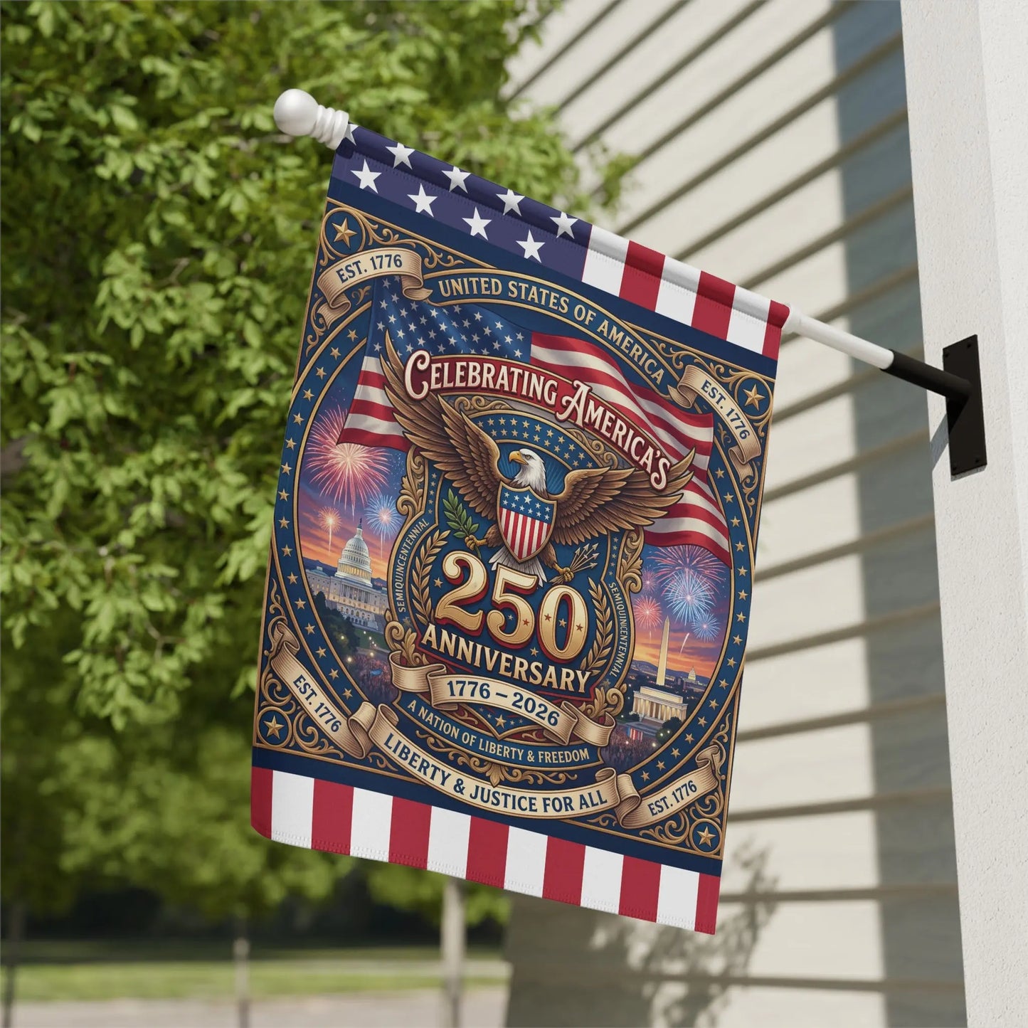 Flag celebrating America's 250th anniversary featuring eagle, Capitol building, and fireworks.