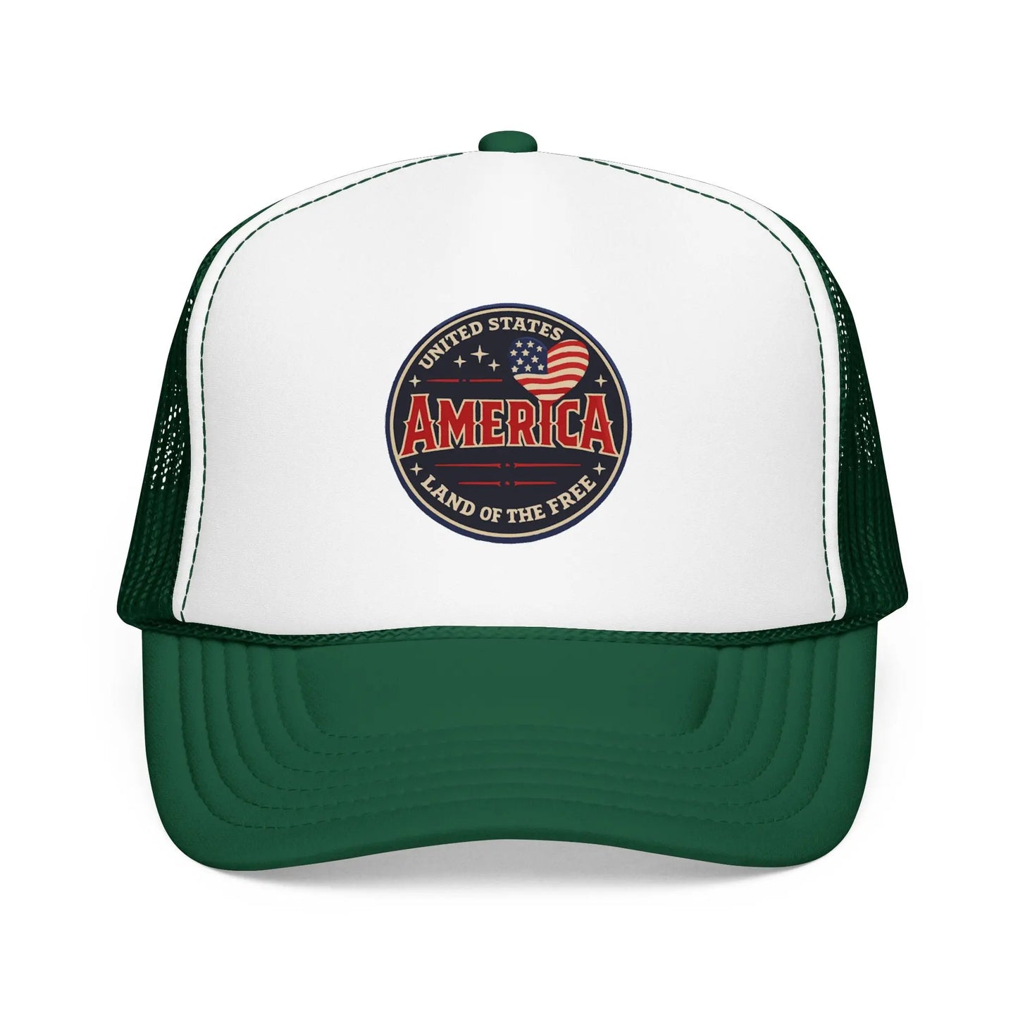 White and green trucker hat with "America" and American flag emblem.