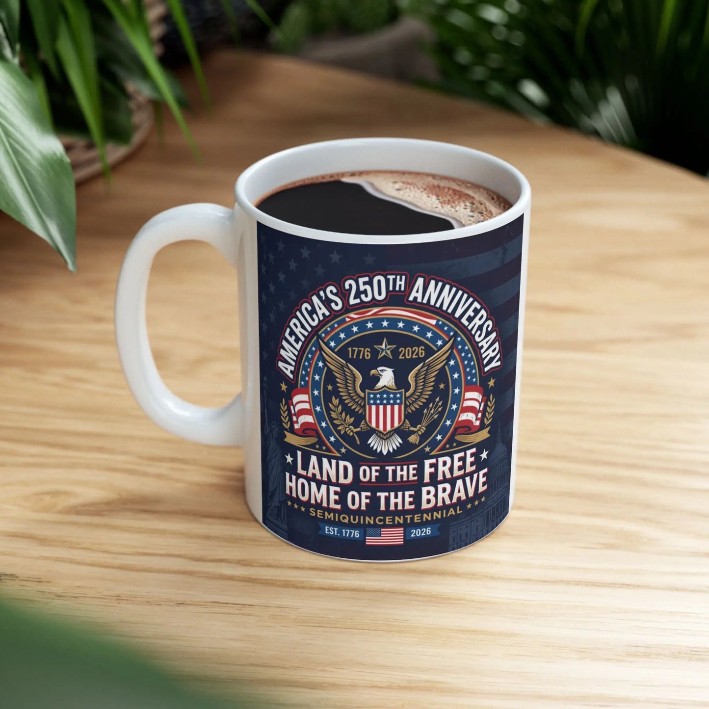 Mug with America's 250th Anniversary design, featuring eagle and text.