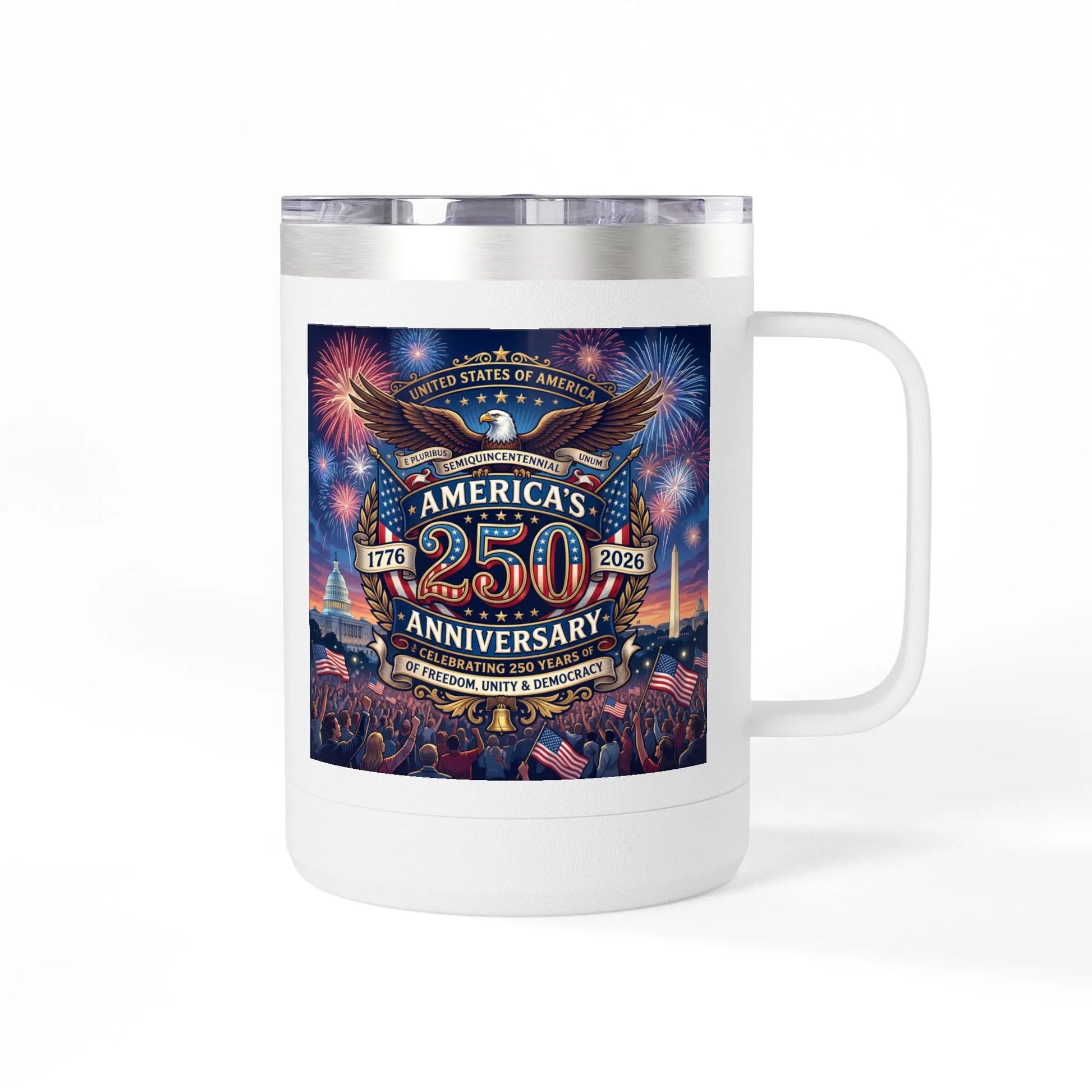 White mug featuring "America's 250th Anniversary" with patriotic imagery.