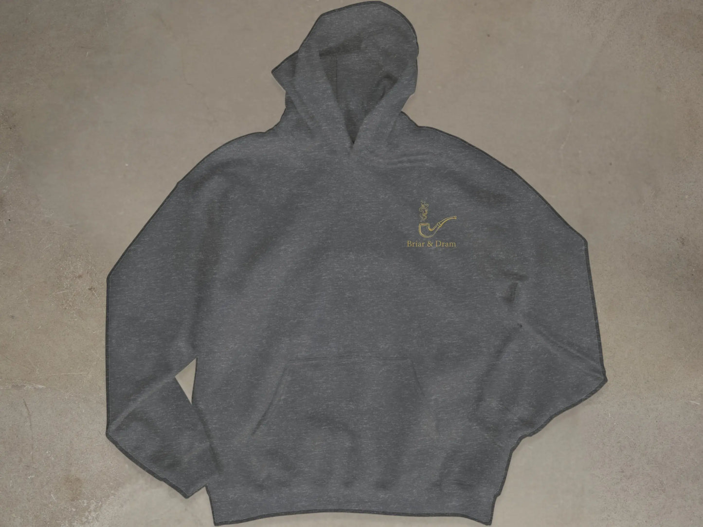 Dark grey hoodie with gold pipe logo and text Briar & Dram.