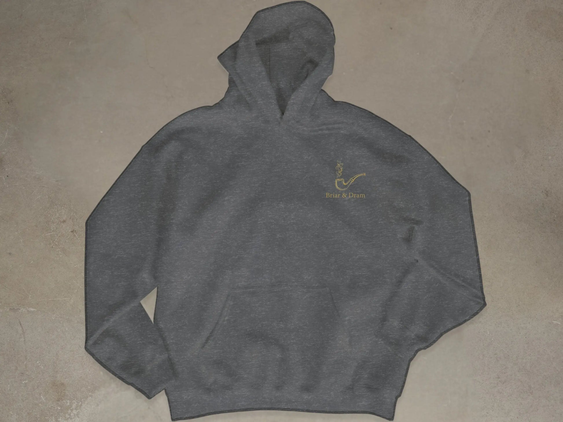 Dark grey hoodie with gold pipe logo and text Briar & Dram.