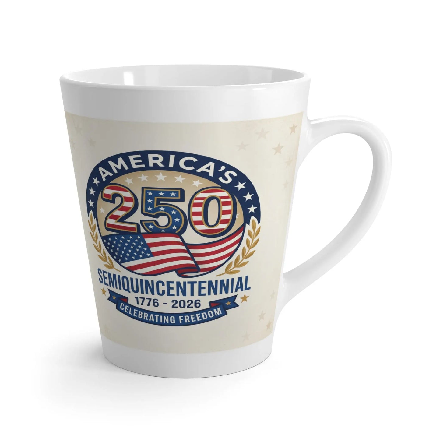 Mug with "America's 250 Semiquincentennial 1776-2026 Celebrating Freedom" text and flag.