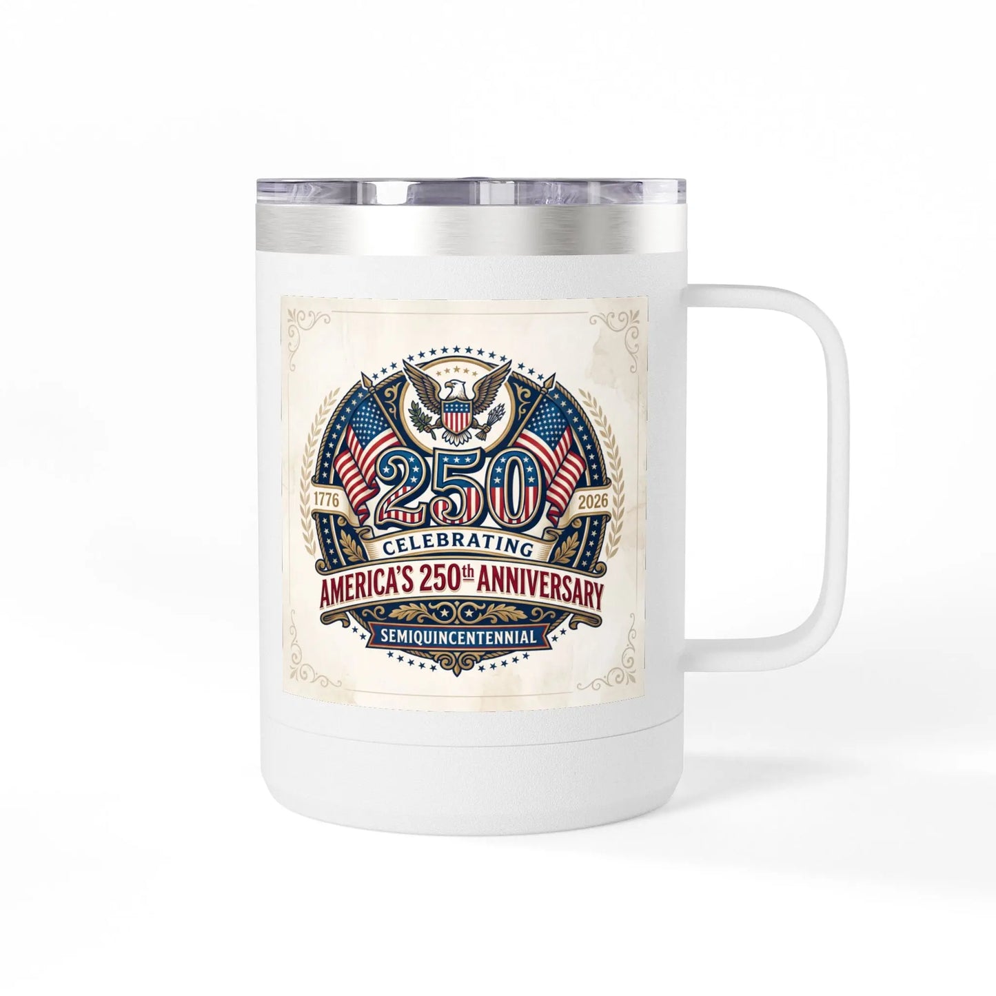 White mug with emblem celebrating America's 250th Anniversary Semi-Quincentennial.