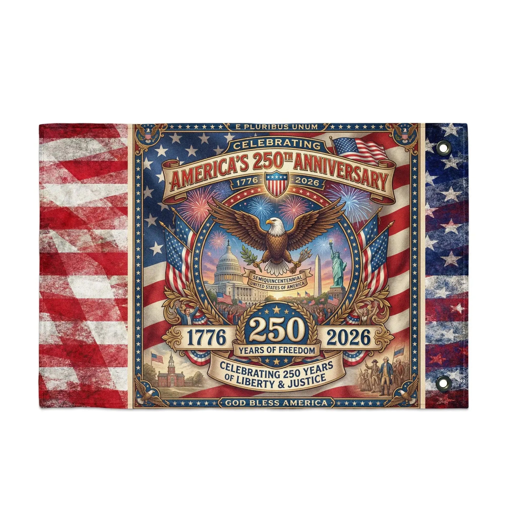 America's 250th Anniversary banner with eagle, Capitol, Statue of Liberty, and fireworks.