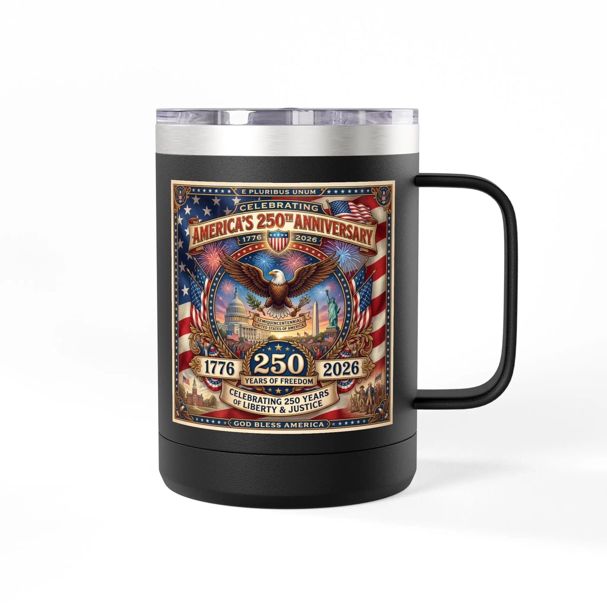 Black mug with an American flag design celebrating the 250th anniversary of the United States.