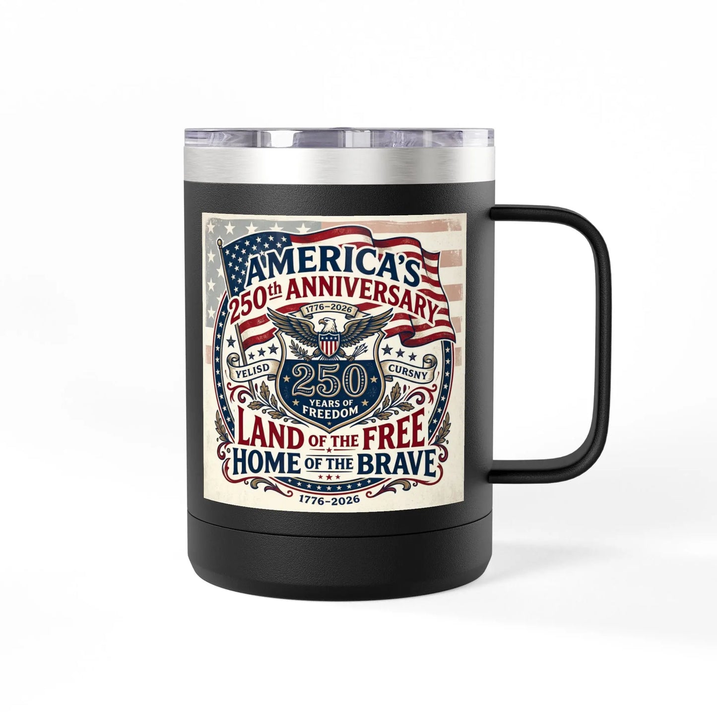 Black mug with American flag graphic celebrating "America's 250th Anniversary", "Land of the Free Home of the Brave".
