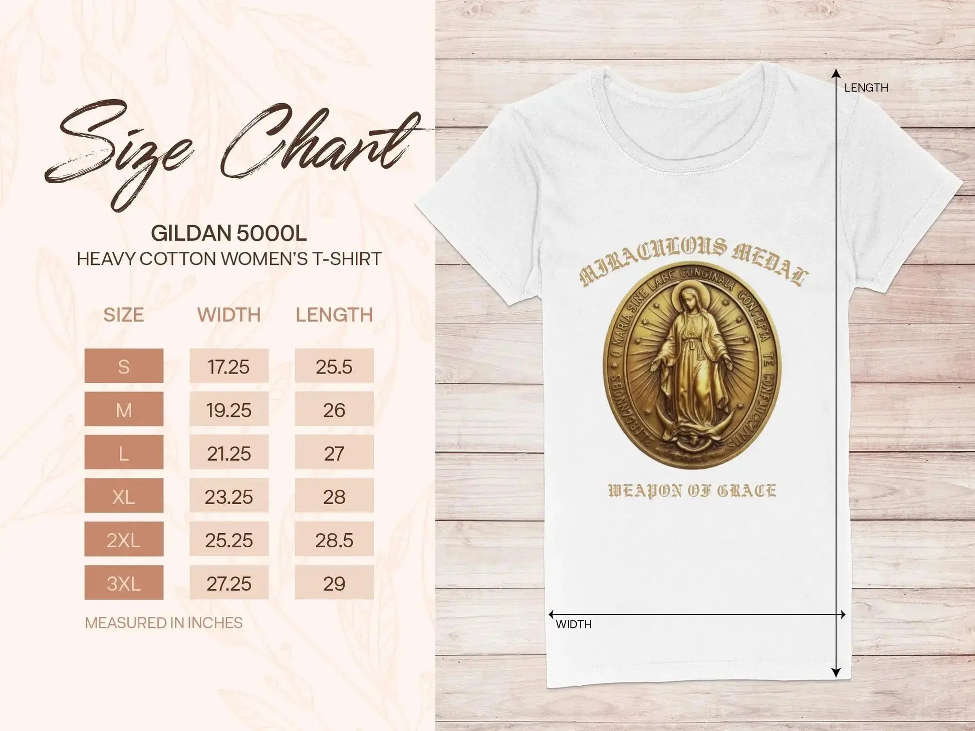 Gildan 5000L women's t-shirt size chart with Gildan 5000L shirt.