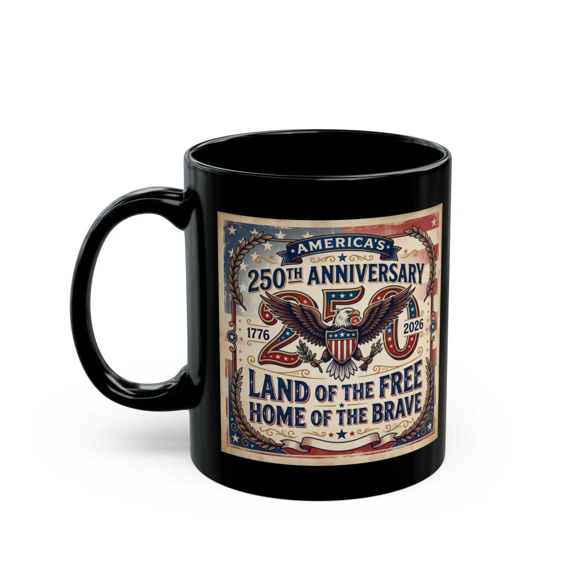 Black mug celebrating America's 250th Anniversary with eagle and patriotic text.
