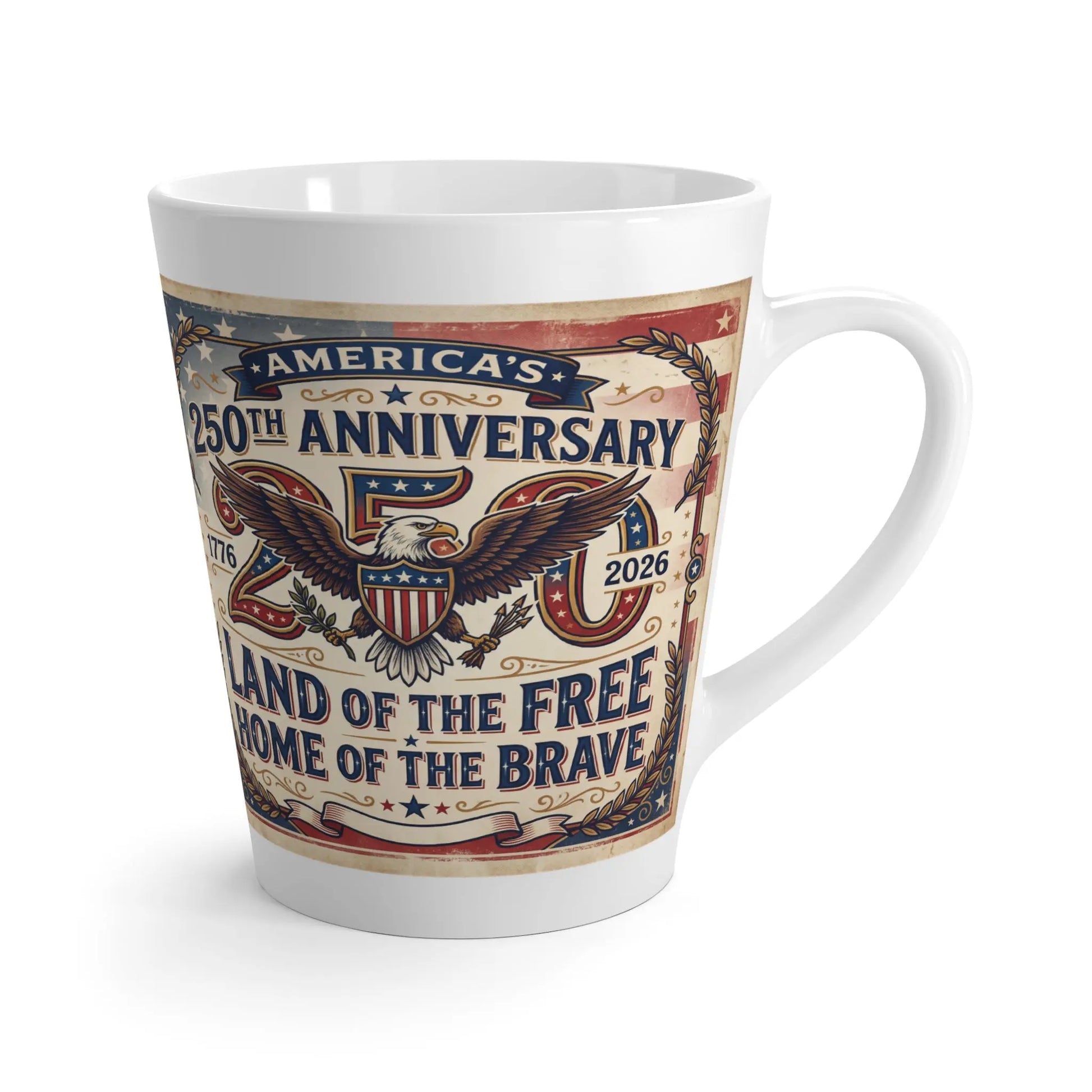 White mug with patriotic design celebrating America's 250th anniversary from 1776-2026.
