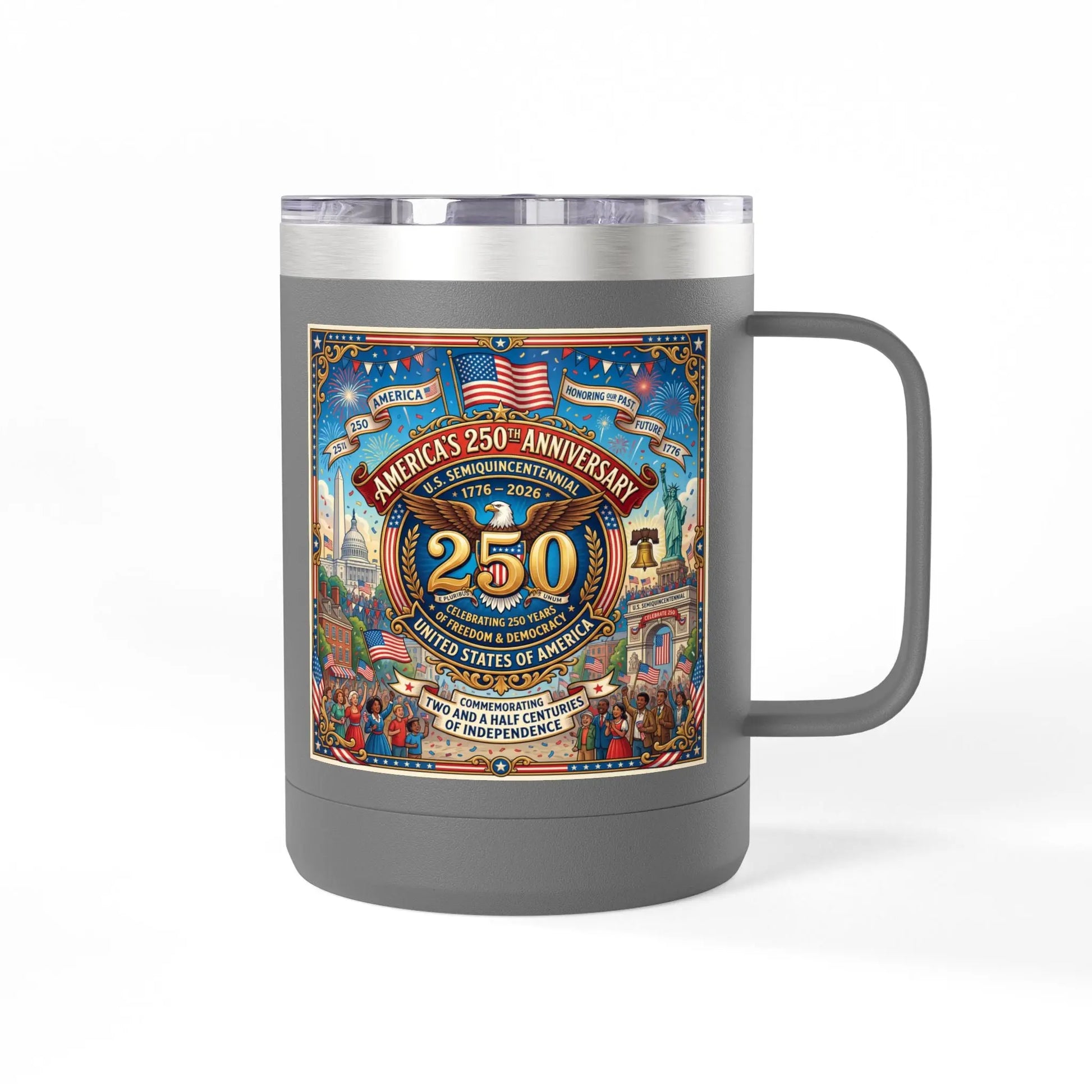 Gray mug with America's 250th Anniversary design featuring national landmarks and patriotic imagery.