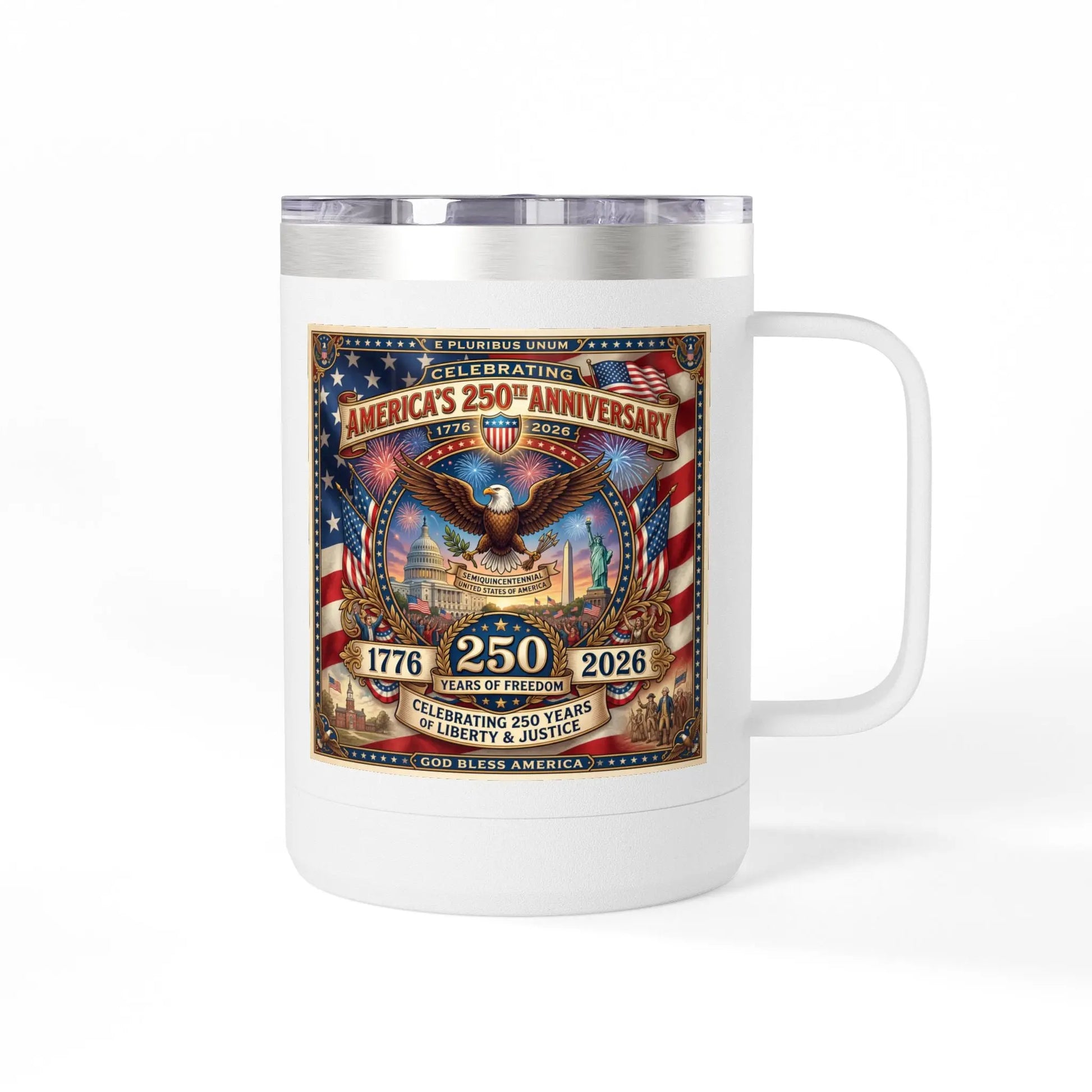 White mug with America's 250th Anniversary patriotic design, featuring an eagle and landmarks.