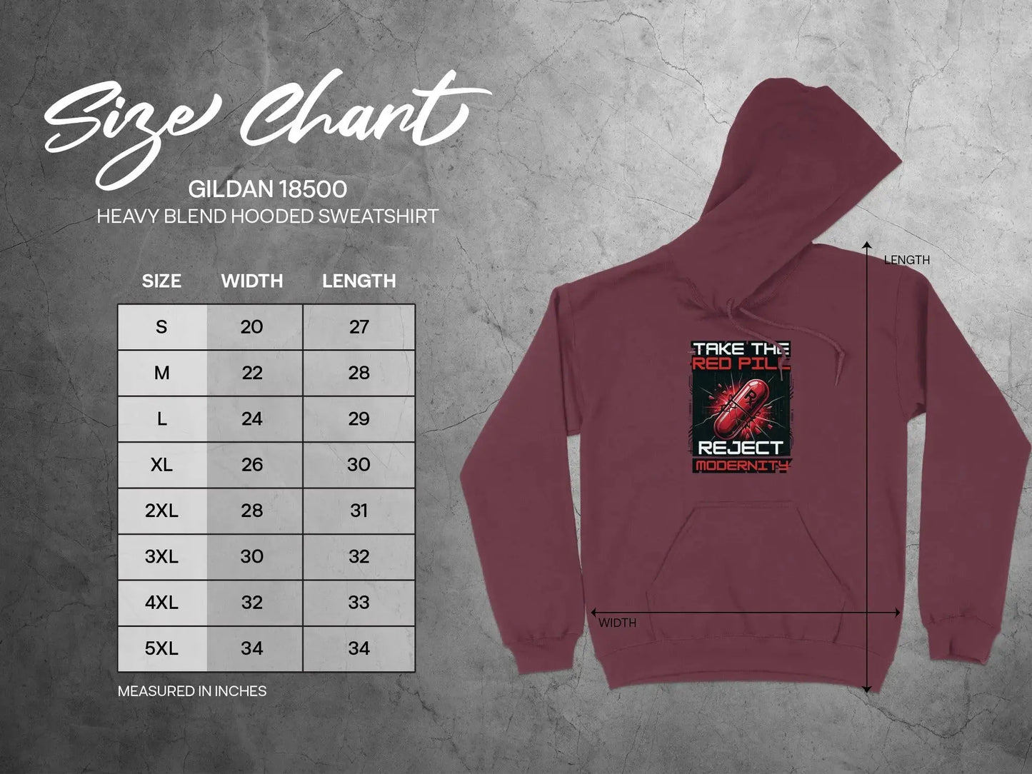 Gildan 18500 Heavy Blend hooded sweatshirt size chart with measurements.