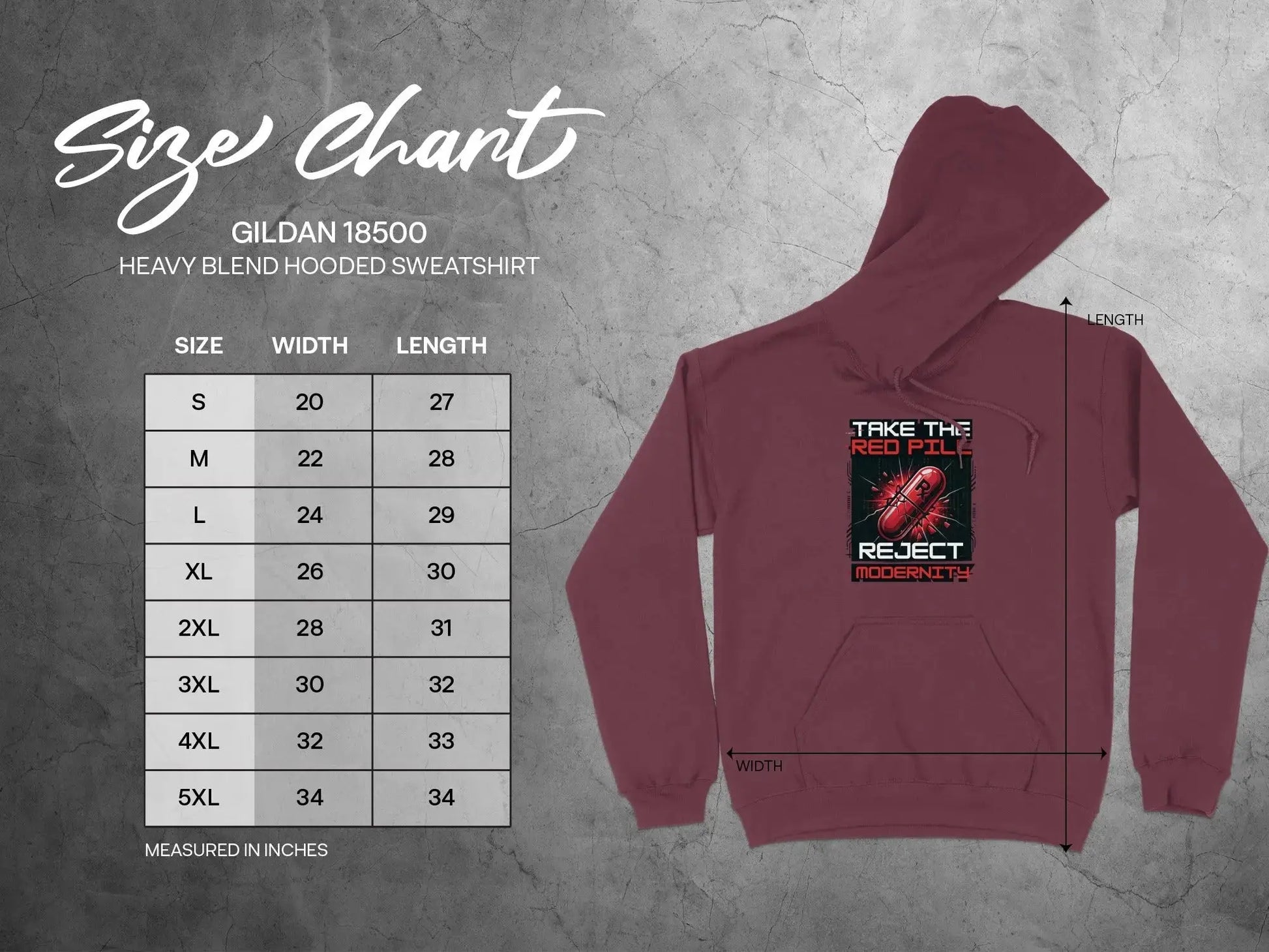 Gildan 18500 Heavy Blend hooded sweatshirt size chart with measurements.