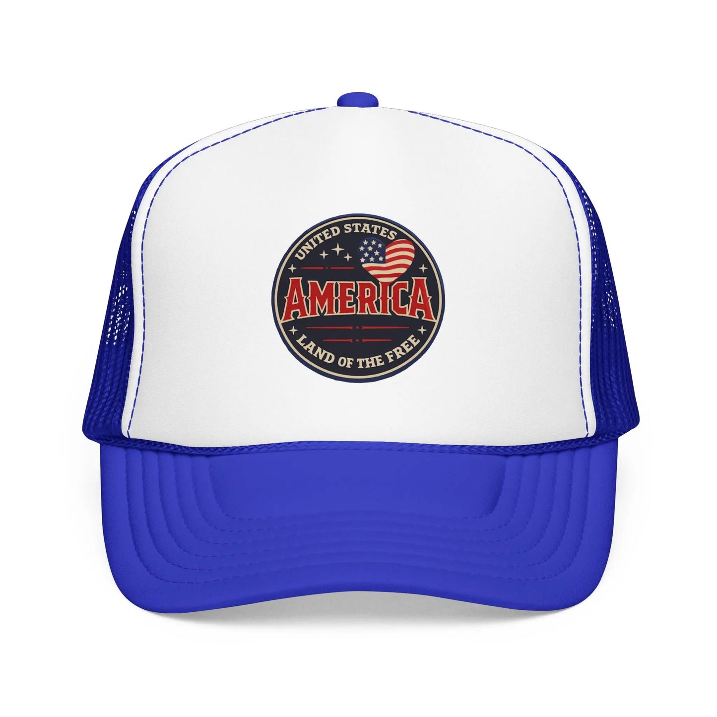 White and blue trucker hat with circle logo "America, Land of the Free".