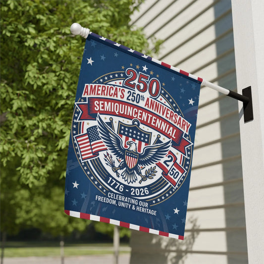 Flag celebrating America's 250th anniversary with eagle, flags, and text 1776-2026.
