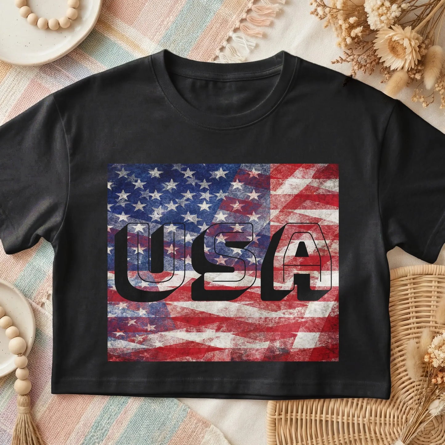 Black t-shirt with distressed USA flag graphic and outlined "USA" text.
