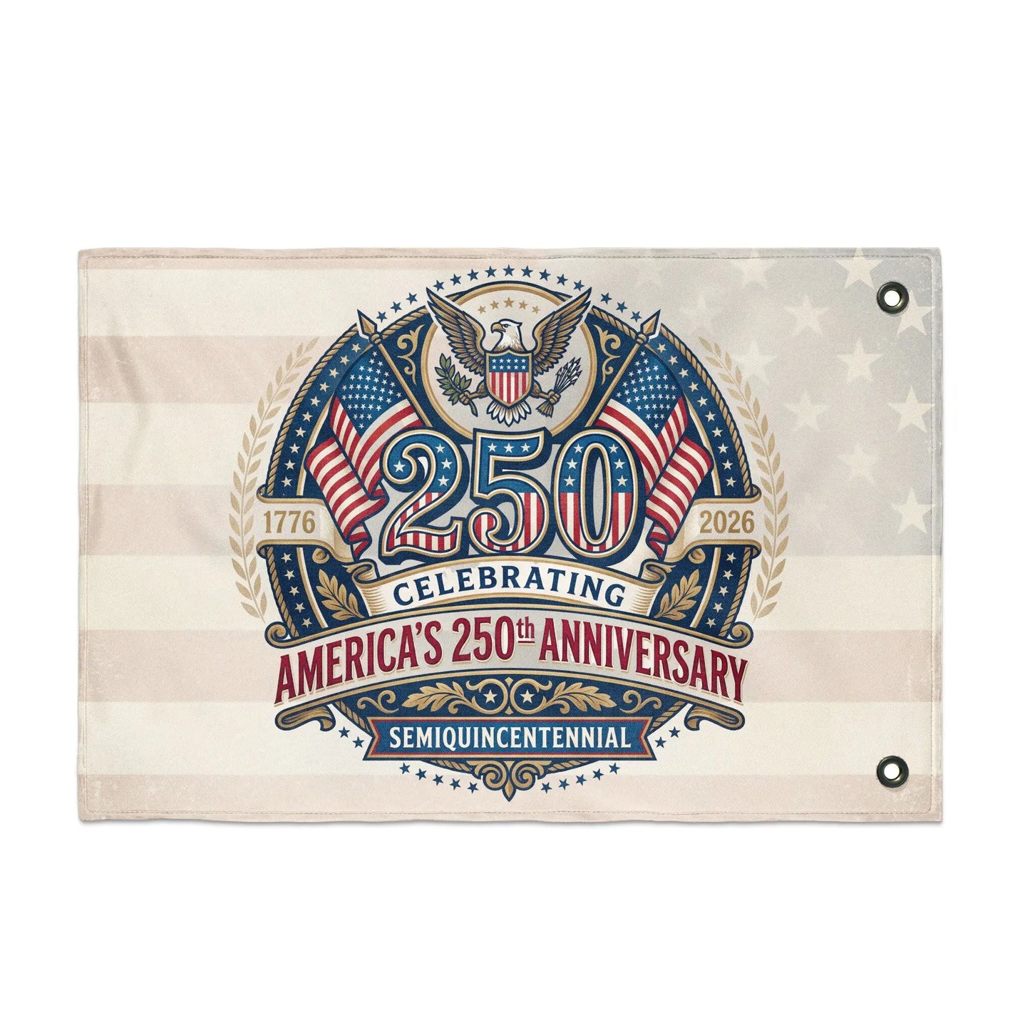 Banner celebrating America's 250th Anniversary from 1776 to 2026 with eagle emblem.