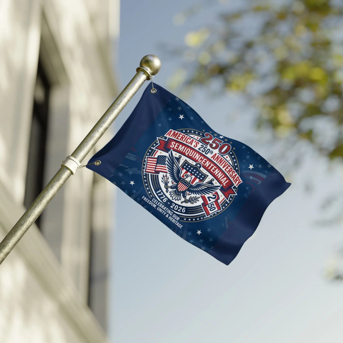 Flag celebrating America's 250th Semiquincentennial from 1776-2026.