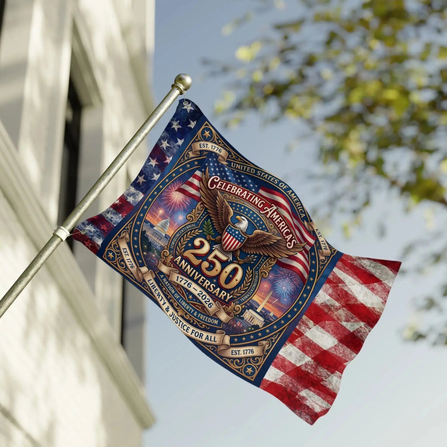 American flag with 250th Anniversary design, eagle, and patriotic imagery.