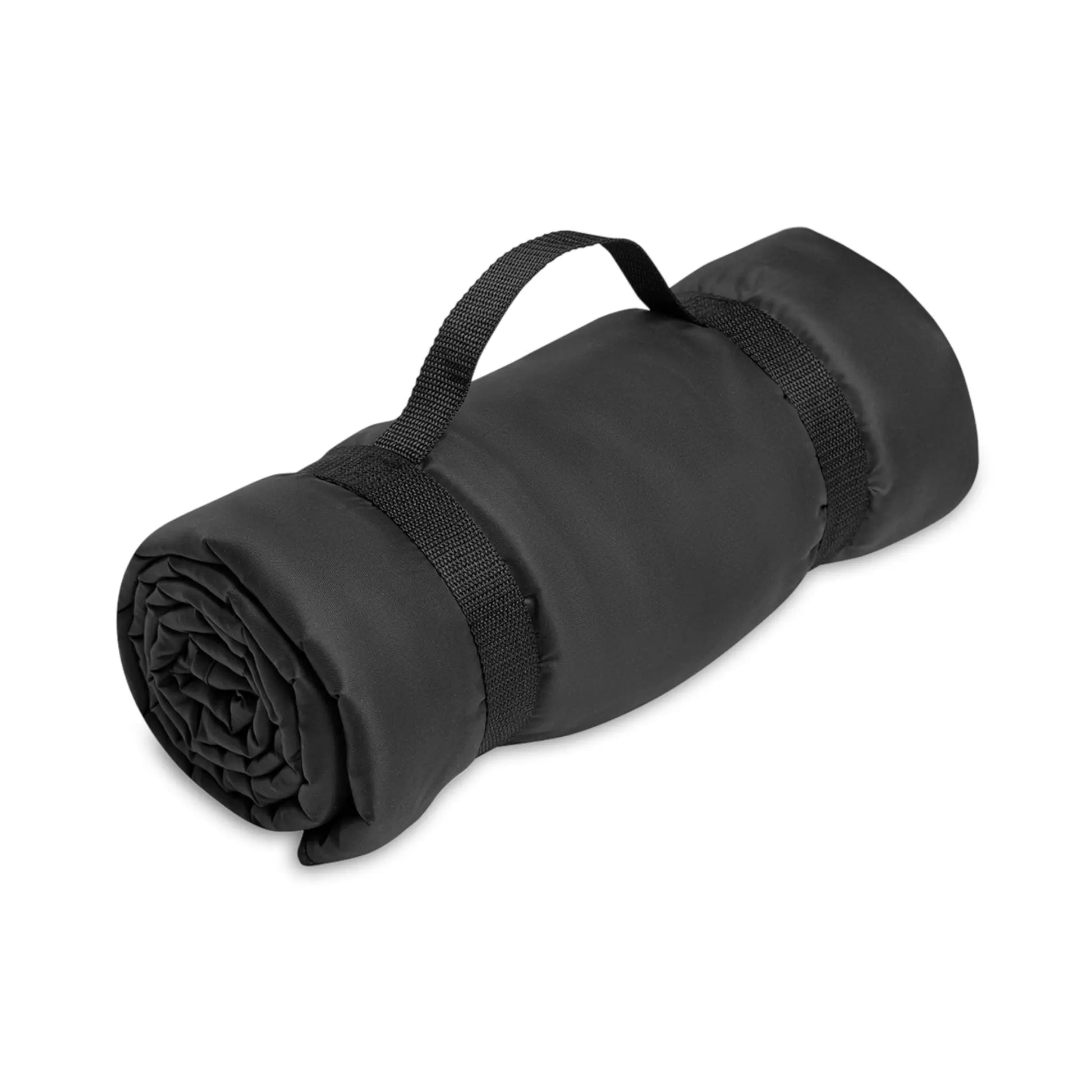 Rolled black picnic blanket with a top handle and nylon straps on a white background.