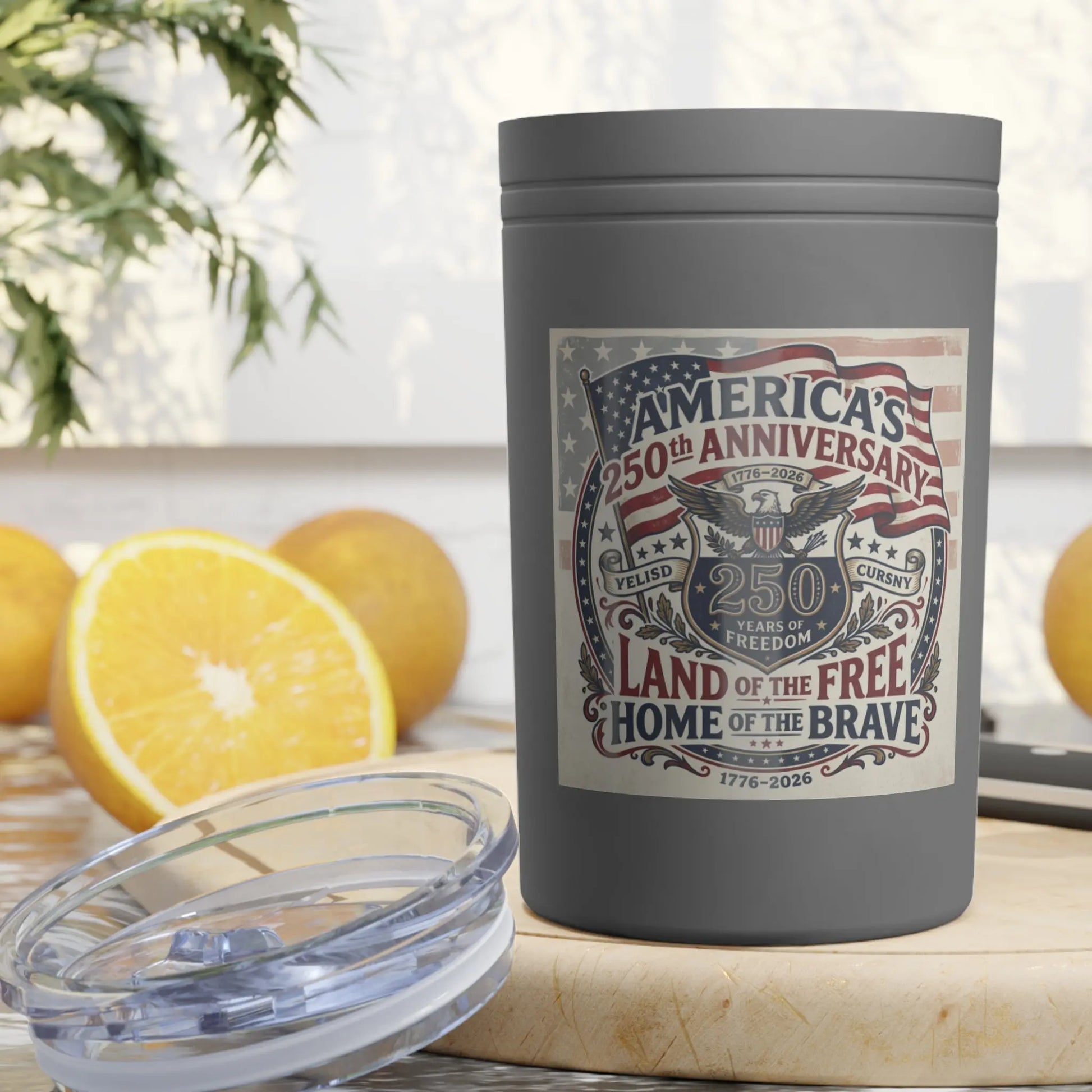 Gray tumbler with "America's 250th Anniversary" label and patriotic eagle imagery.