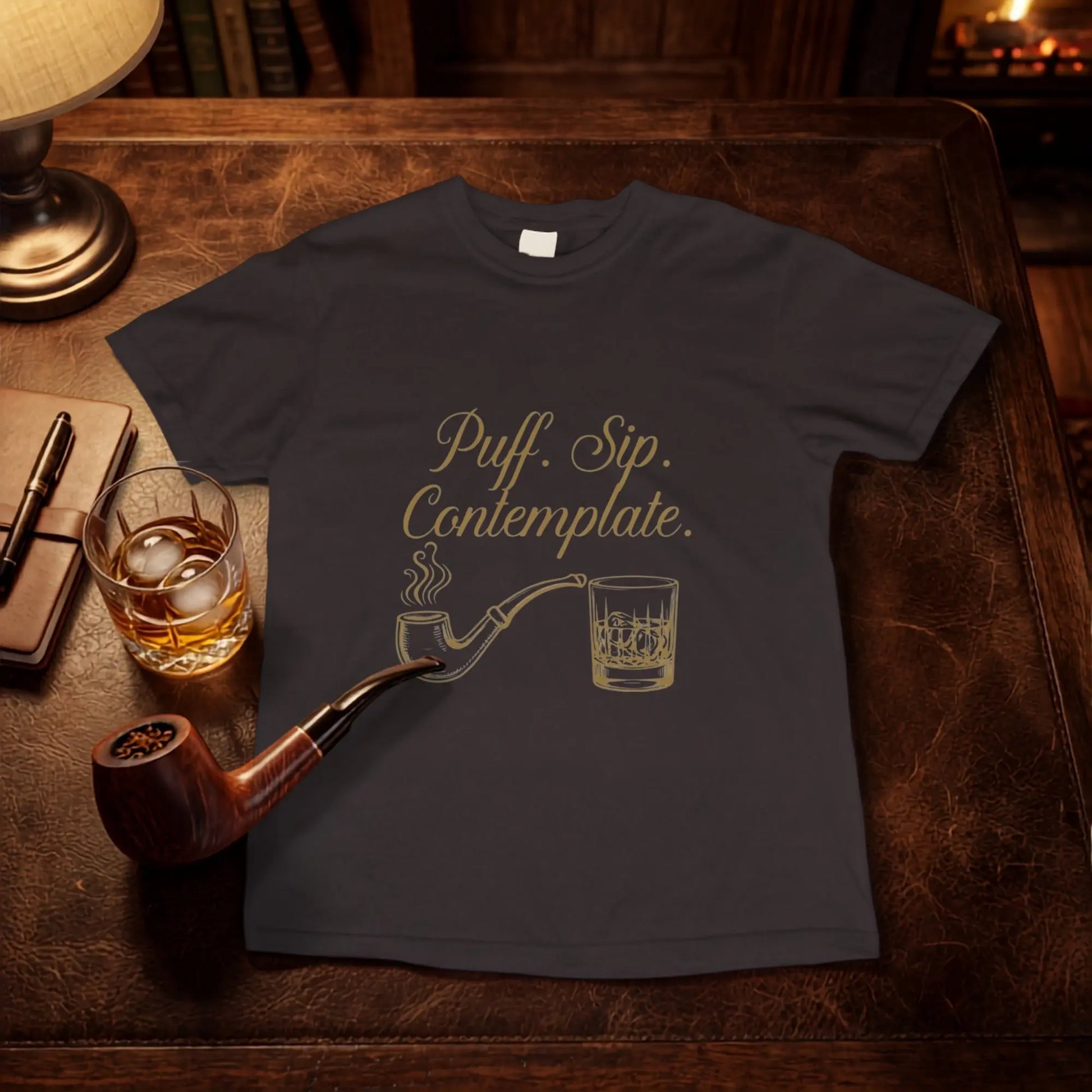 Dark t-shirt with "Puff. Sip. Contemplate." text, pipe, and drink.