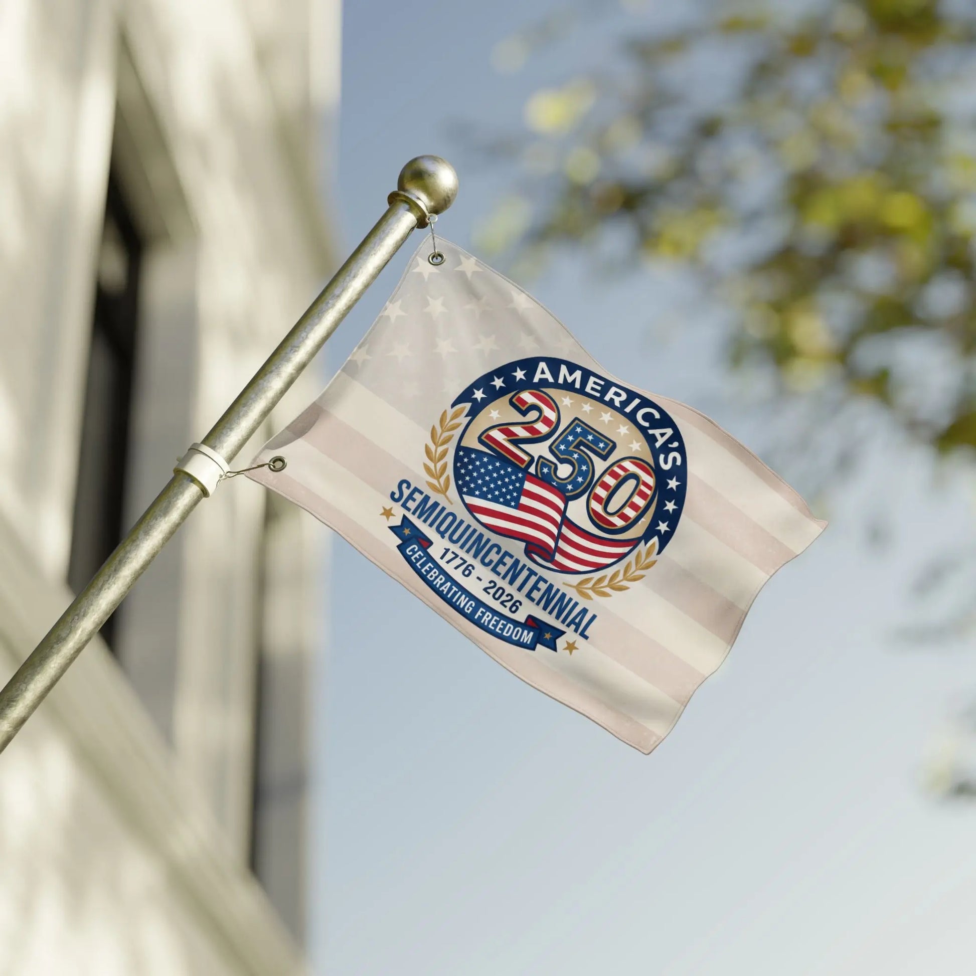 Flag with "America's Semiquincentennial 1776-2026 Celebrating Freedom" text