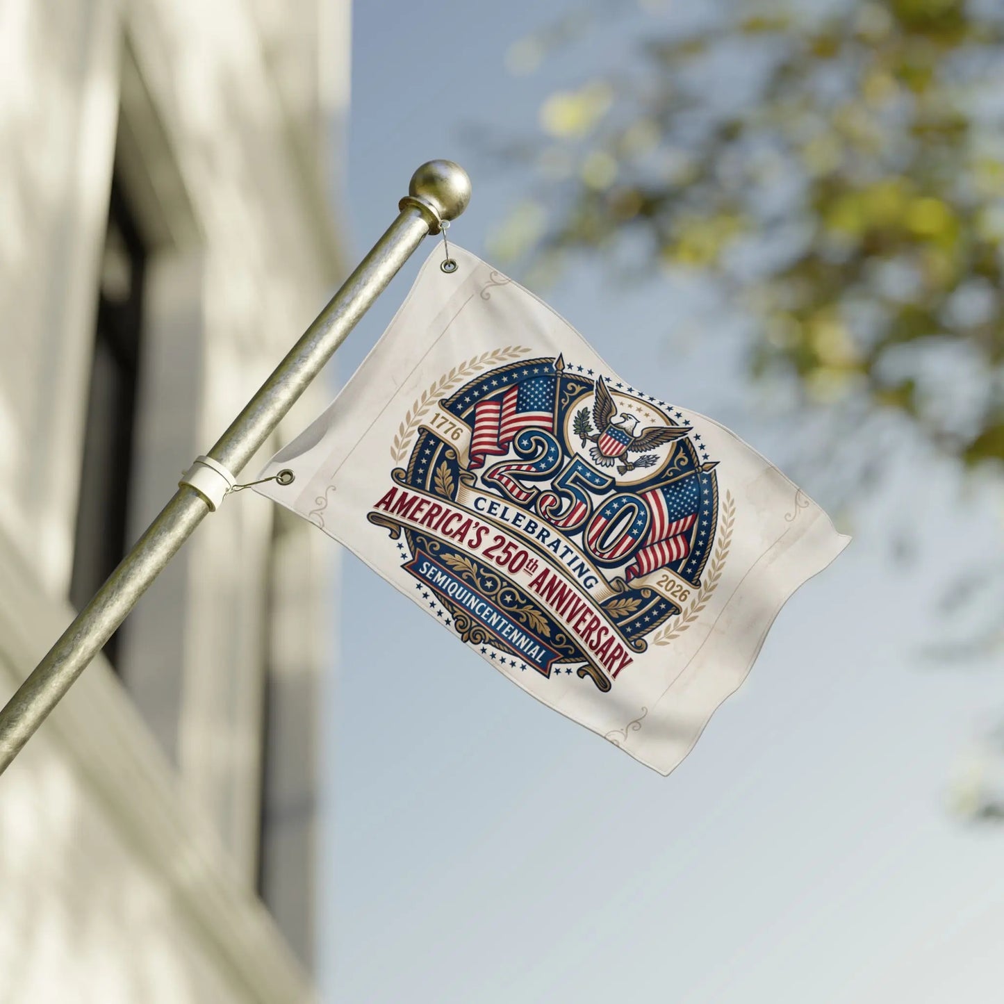 Flag celebrating America's 250th Anniversary from 1776 to 2026.