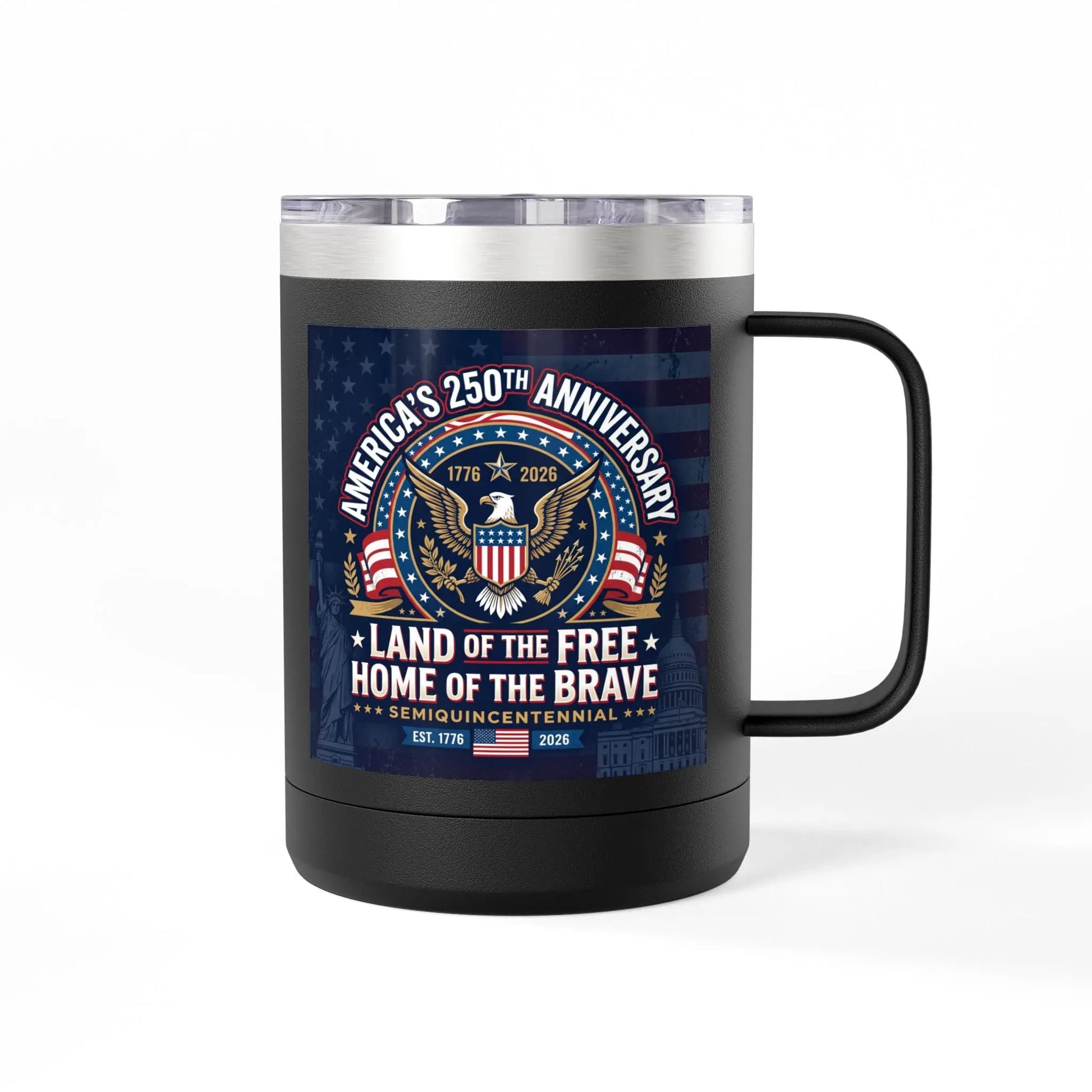 Black mug with American flag and 250th anniversary patriotic design.