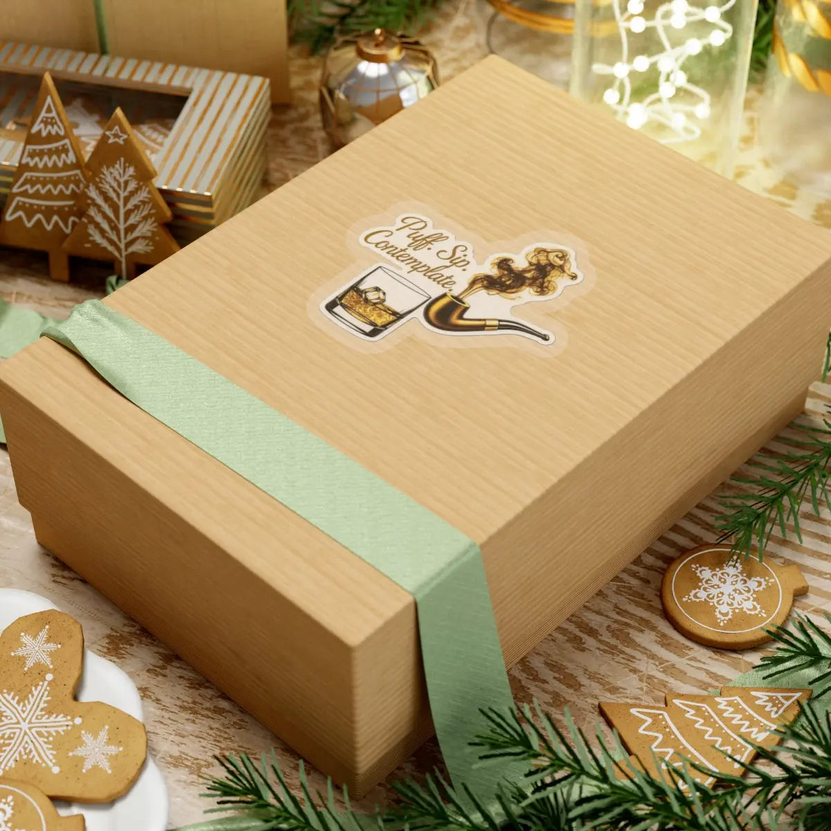 Gift box with "Puff. Sip. Contemplate." sticker showing whiskey and pipe.