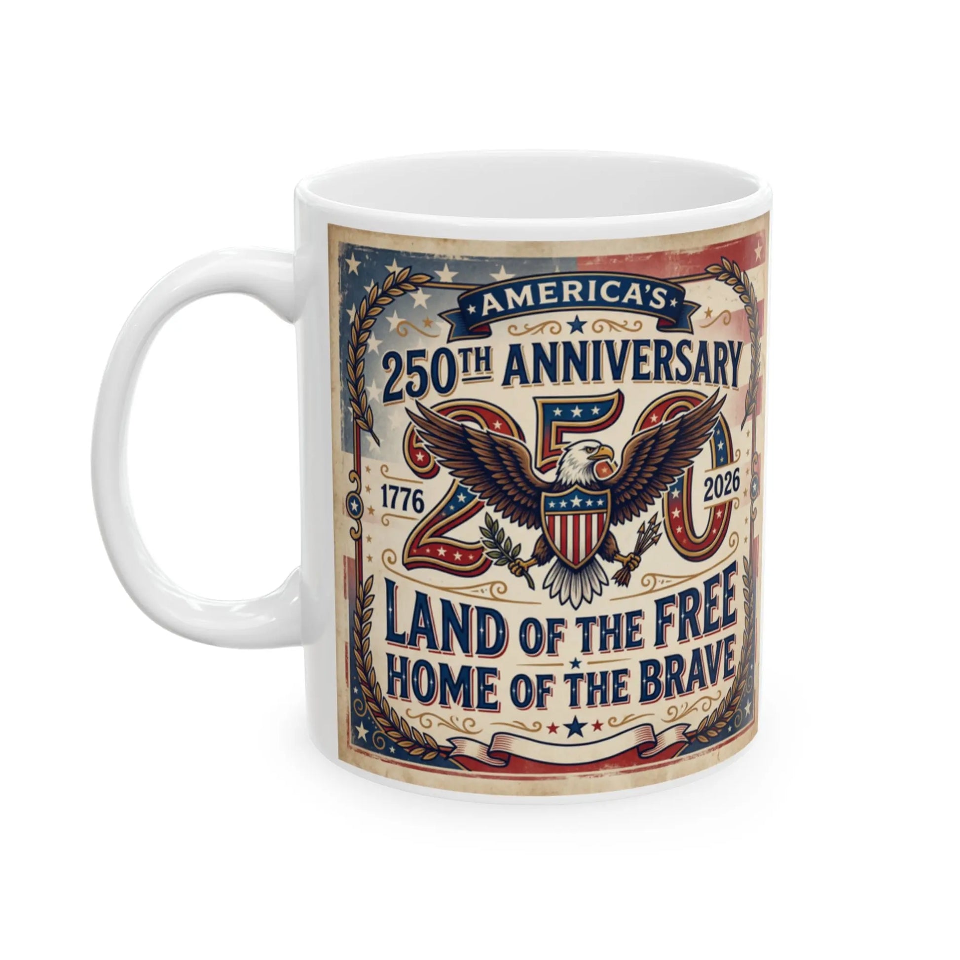 White mug with America's 250th Anniversary design featuring an eagle and patriotic text.