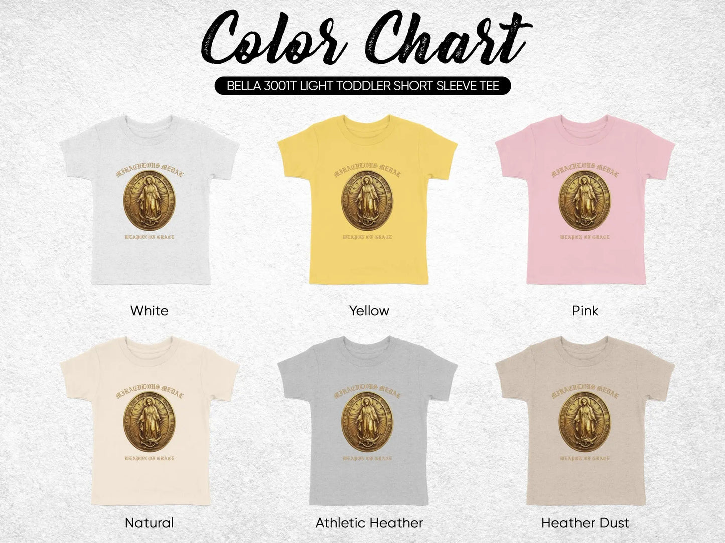 Color chart of toddler t-shirts in white, yellow, pink, natural, athletic heather, and heather dust.