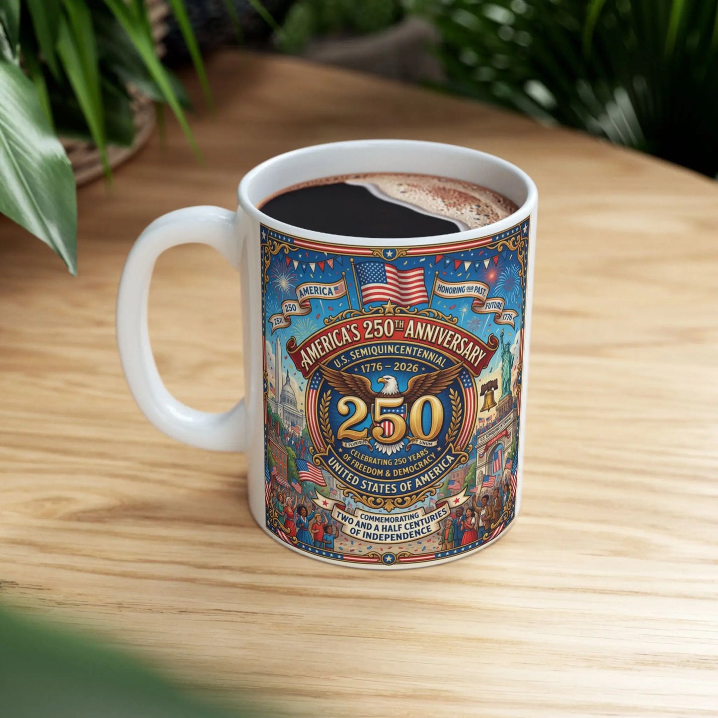 Mug commemorating America's 250th Anniversary, featuring patriotic symbols and text.