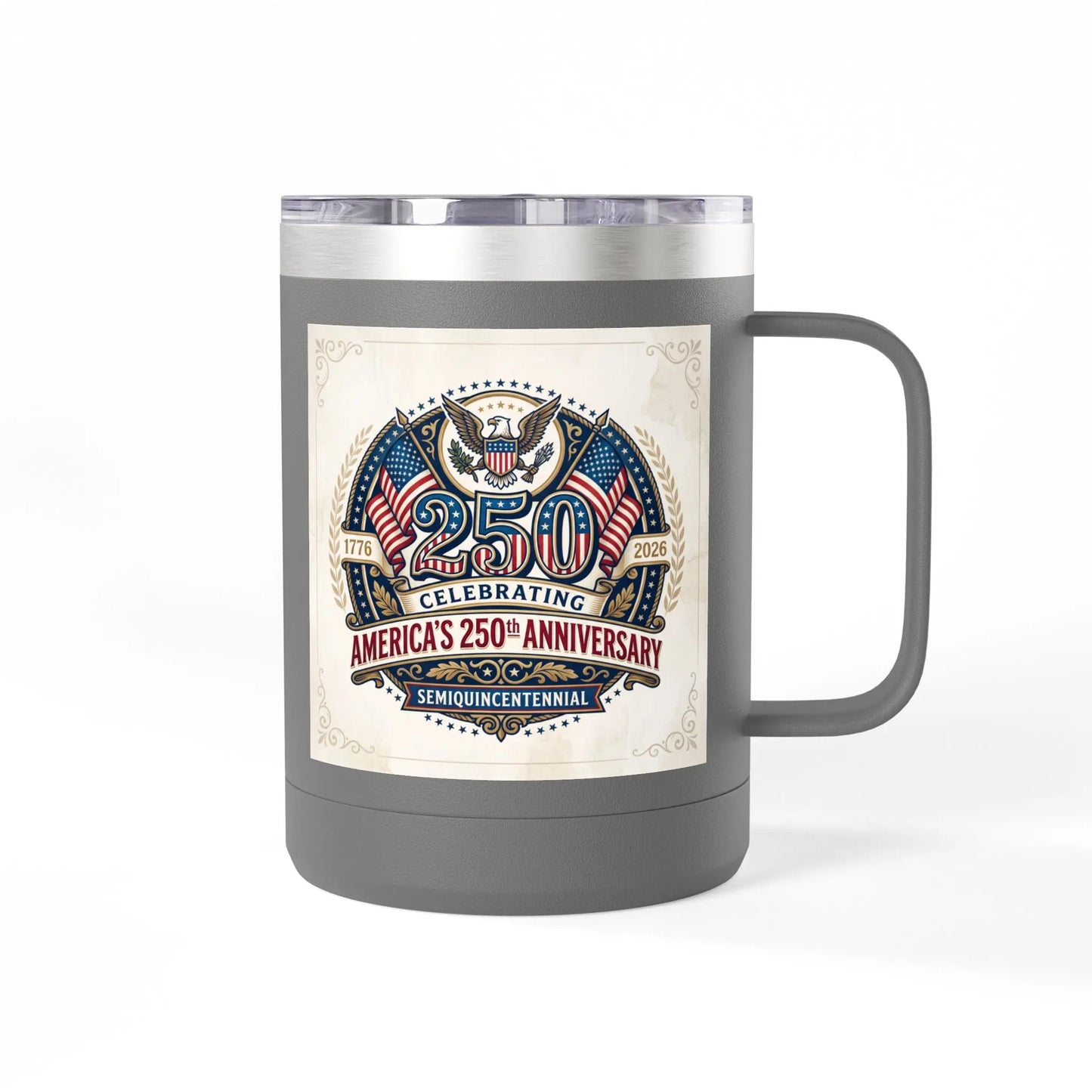 Gray mug with a circular emblem celebrating America's 250th Anniversary (1776-2026).