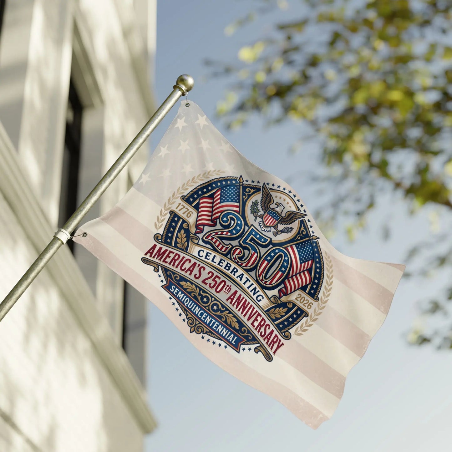 Flag celebrating America's 250th anniversary, featuring an eagle and the years 1776-2026.