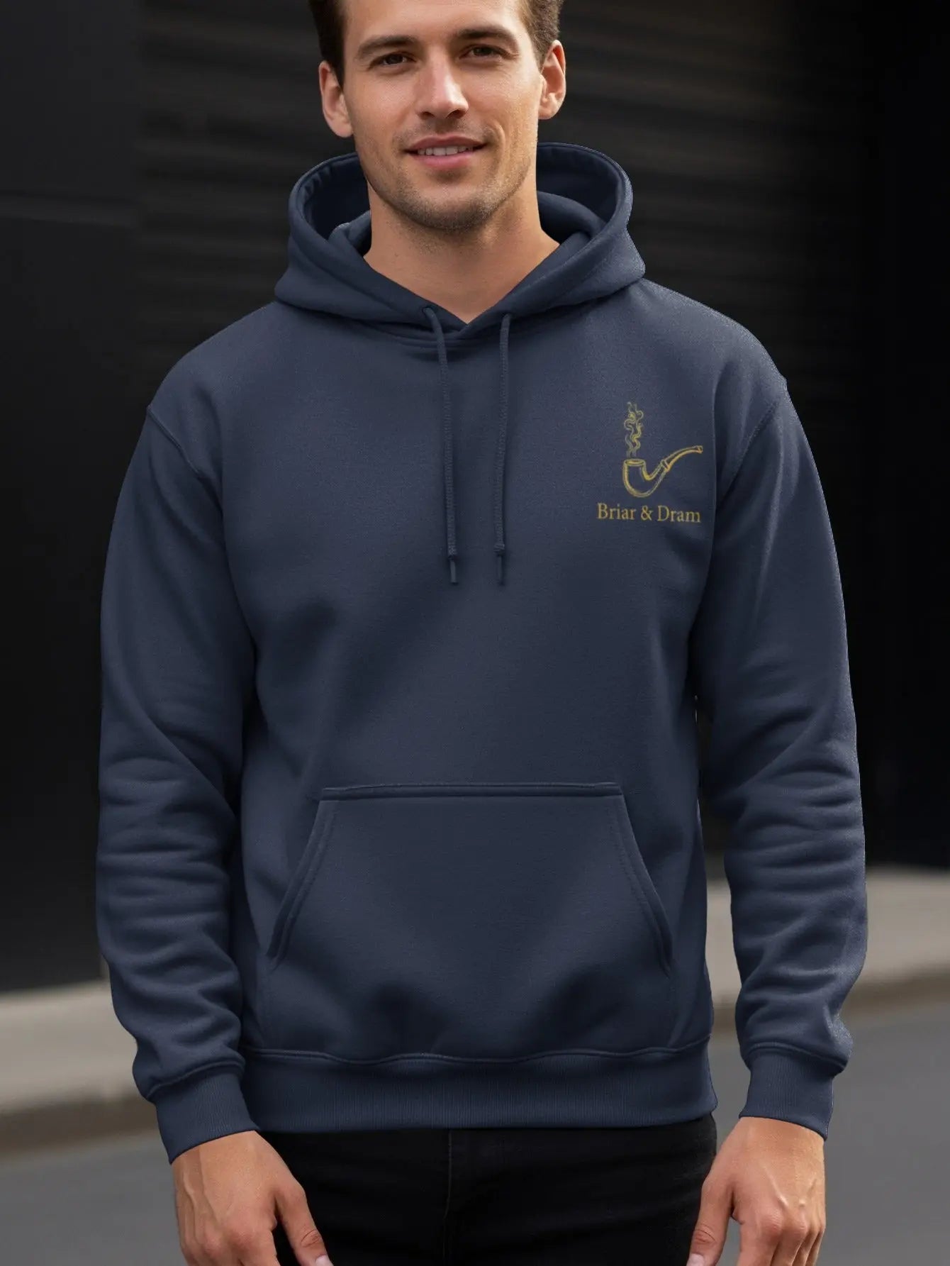 Navy hoodie with Briar & Dram pipe logo on the chest.