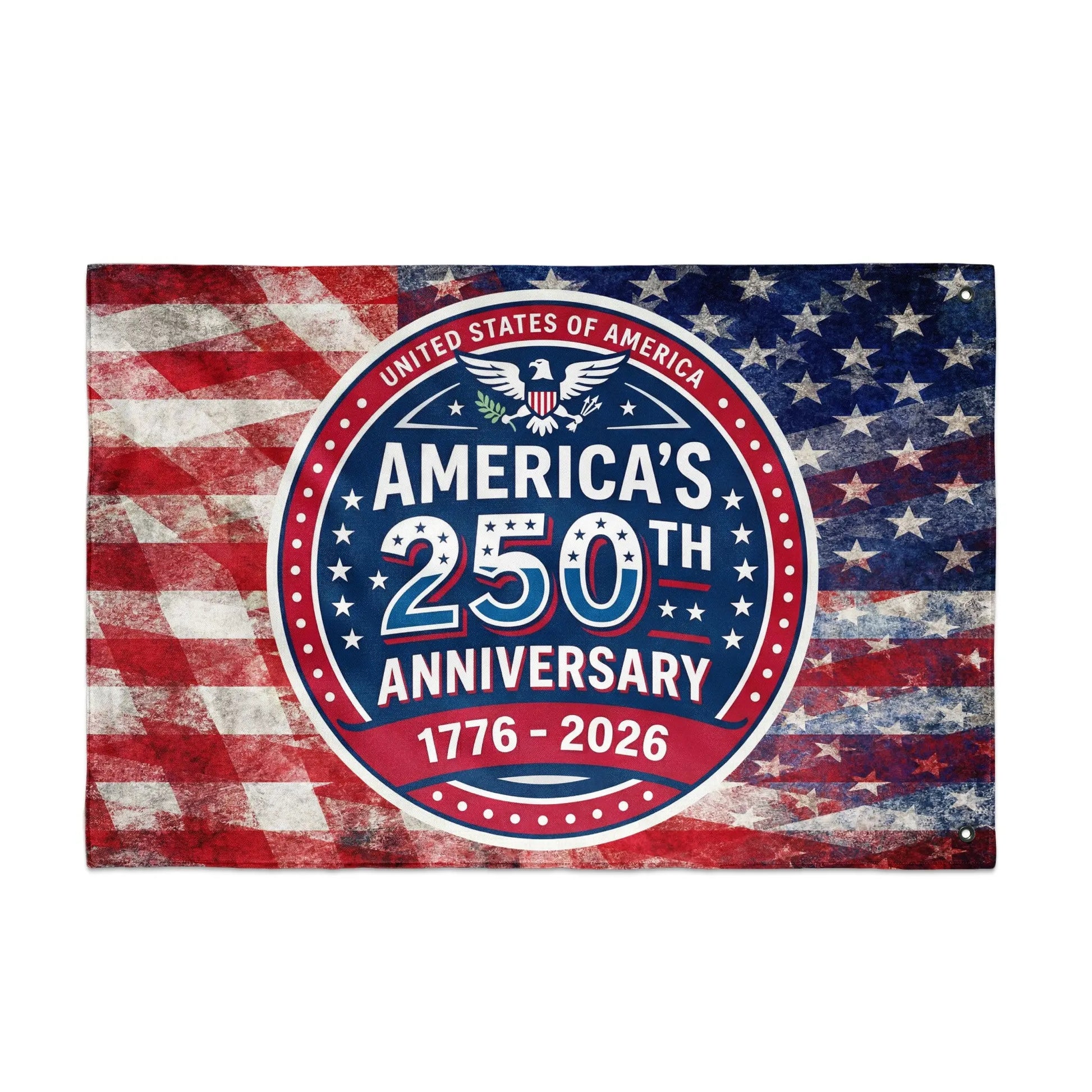 America's 250th Anniversary 1776-2026 banner with American flag background.