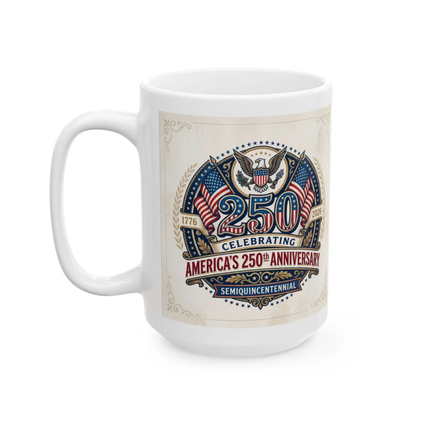 White mug with American 250th anniversary design and eagle emblem.