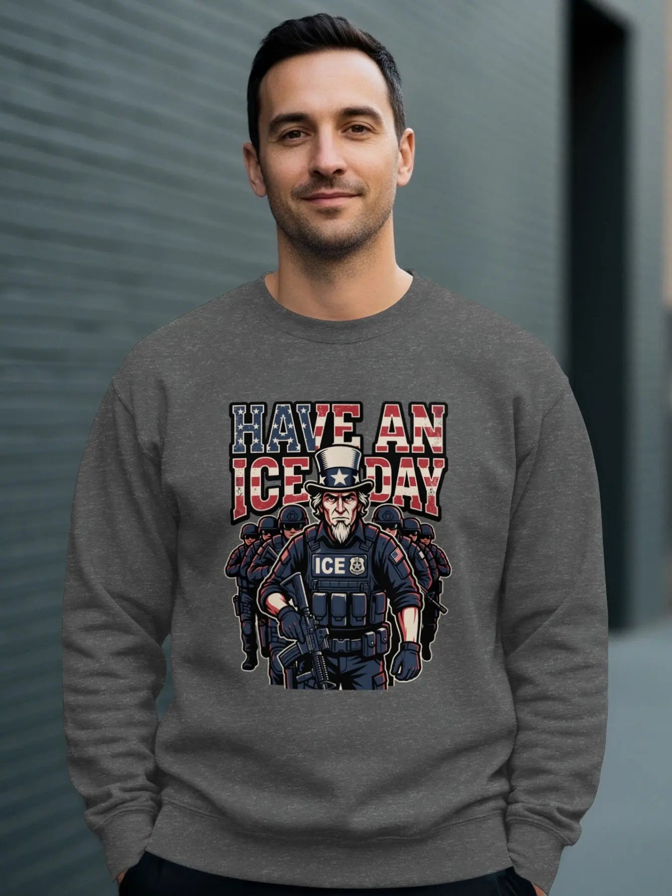 Gray sweatshirt with illustration of Uncle Sam-like figure and ICE officers.