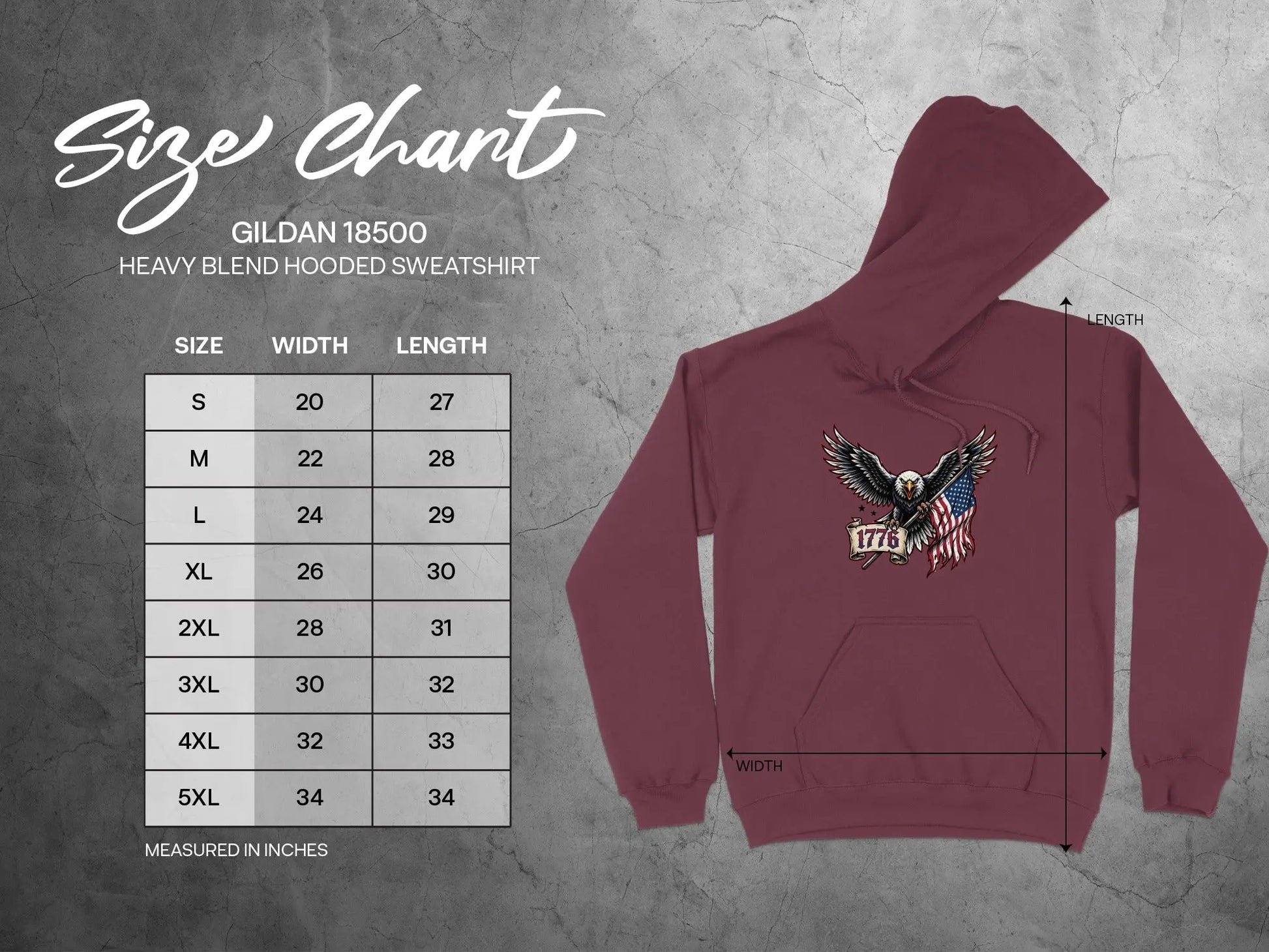 Gildan 18500 hooded sweatshirt size chart with width and length measurements in inches.