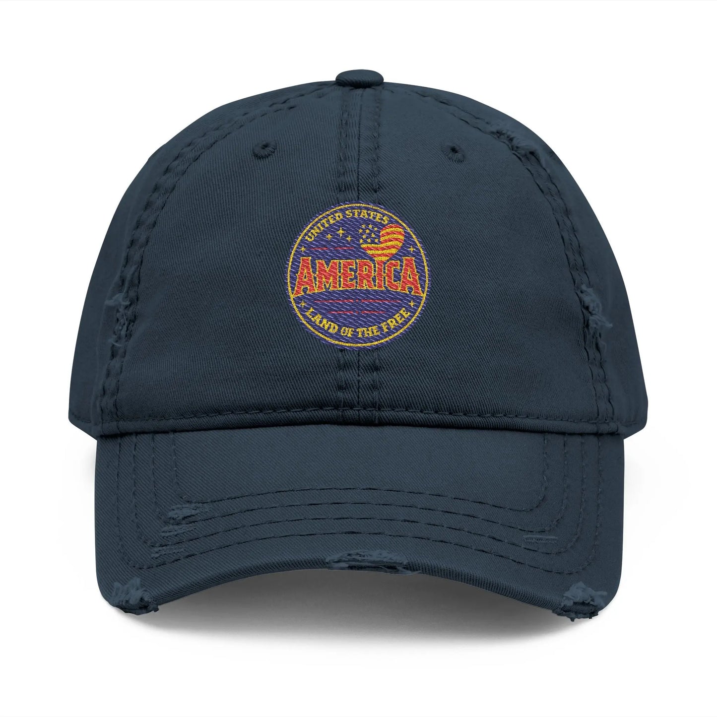 Distressed navy baseball cap with embroidered "United States America Land of the Free" badge.