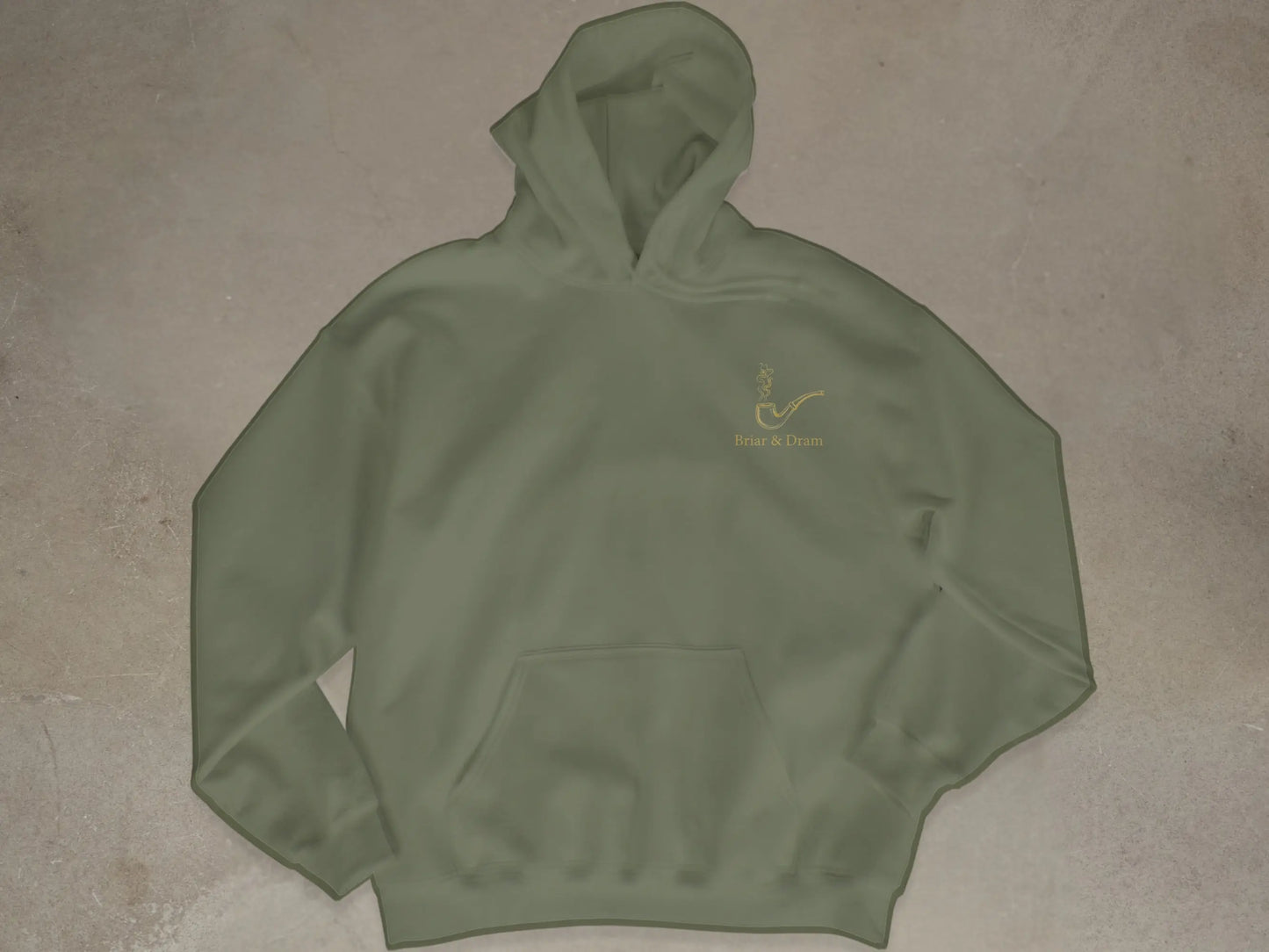 Green hoodie with gold pipe and "Briar & Dram" text logo on the chest.