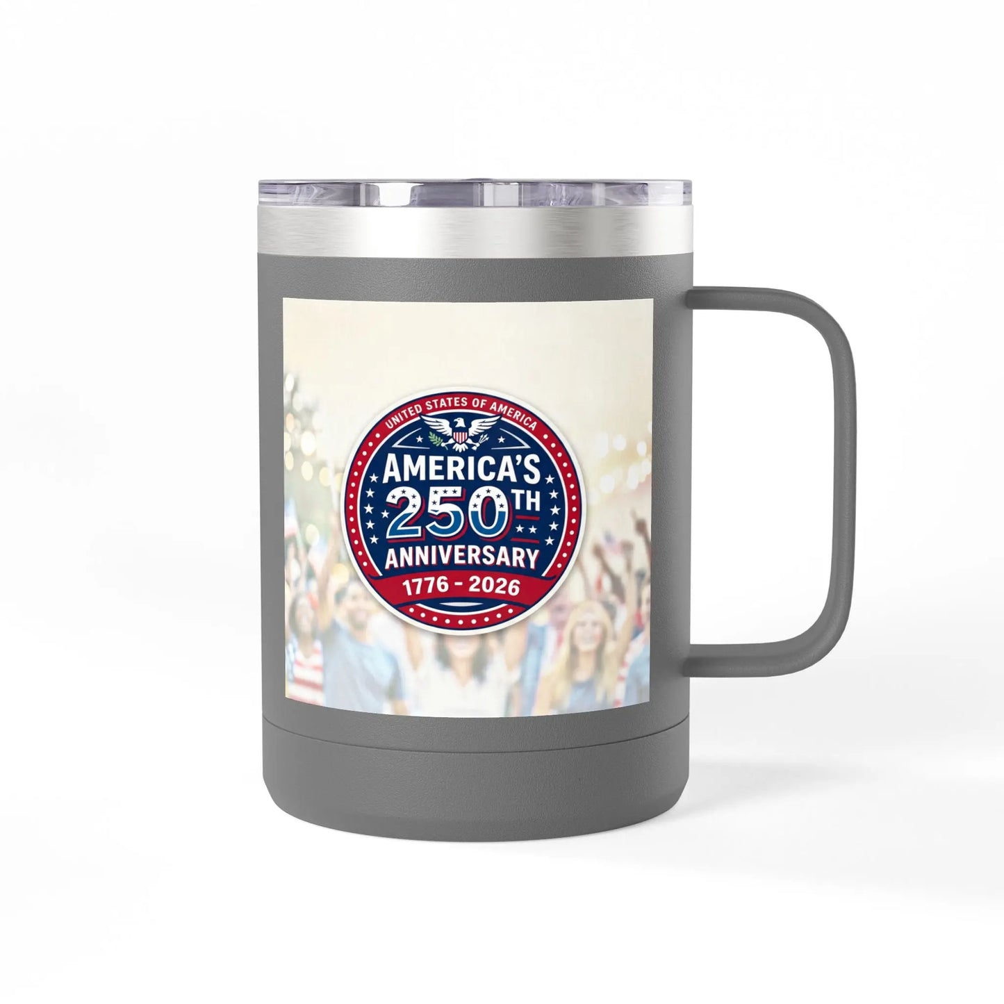 Gray mug with America's 250th Anniversary 1776-2026 graphic.