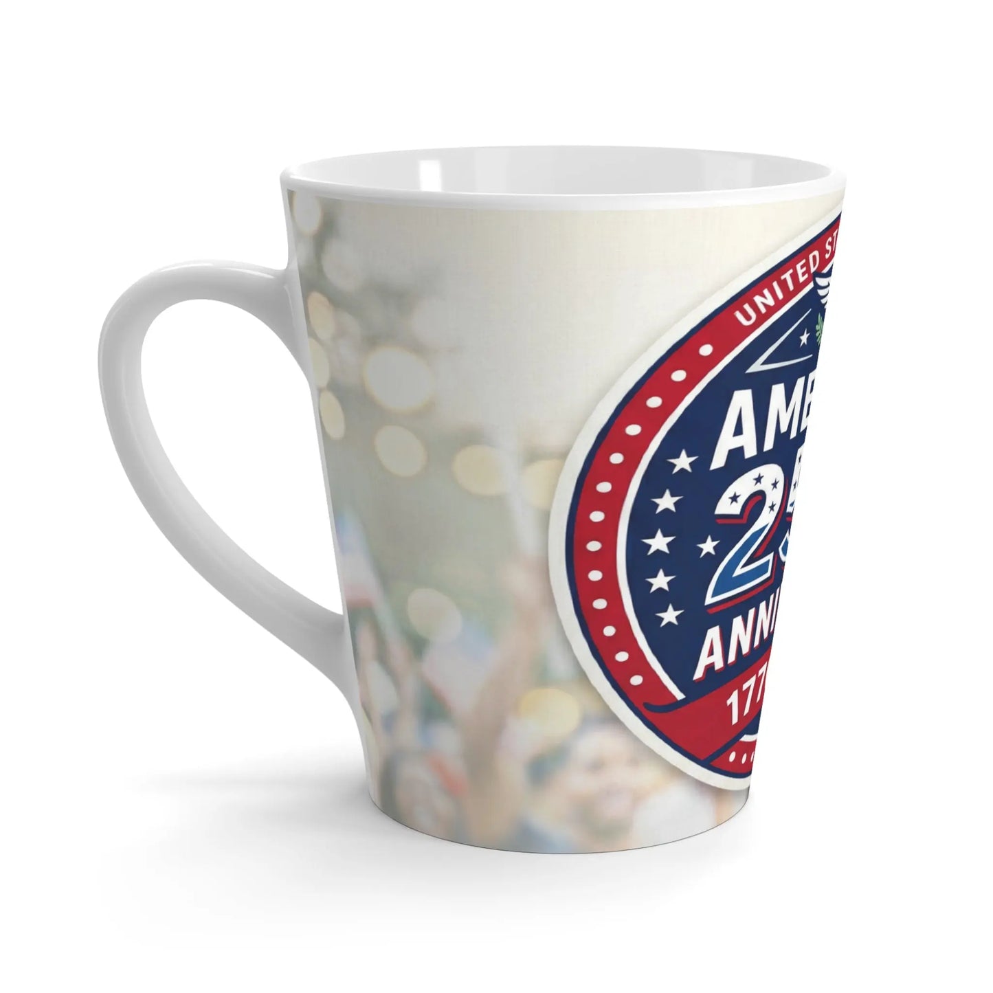 White coffee mug with a patriotic design commemorating the 200th anniversary of America.