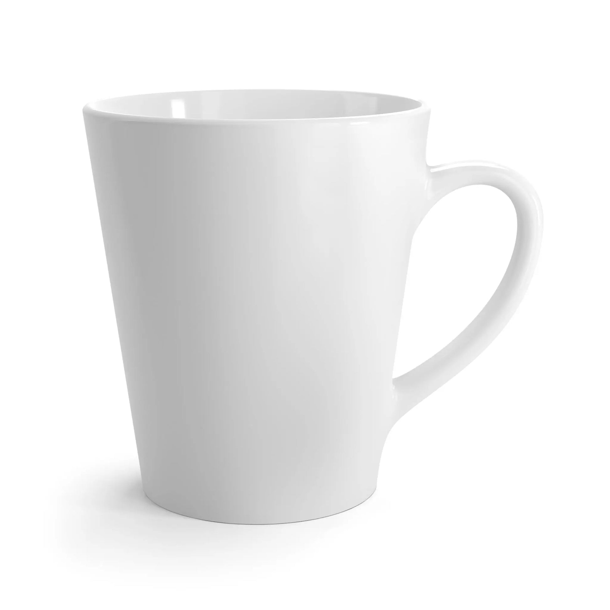 Plain white ceramic latte mug with a handle on a white background.