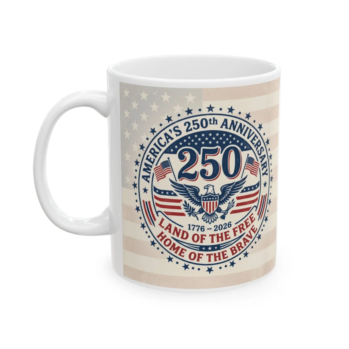 White mug with America's 250th anniversary design featuring an eagle and American flag.